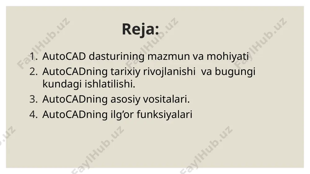 mukammal 3d modellash tizimiga ham ega bo’ldi. autocad dasturi foydalanuvchilarga chizmalar yaratish, tahrirlash, o’lchovlar qo’yish va boshqalar kabi bir qator asosiy vositalarni taqdim etadi. quyida autocadning asosiy vositalarini keltiraman: 1. chizish vositalari: line (chiziq): eng asosiy chizma vositasi. chiziq yordamida to’g’ri chiziqlar chizish mumkin. circle (doira): doira chizish uchun ishlatiladi, foydalanuvchi markaz va radiusni belgilab, doirani chizadi. arc (kamara): kamara (doira bo’lagini) chizish uchun ishlatiladi. rectangle (to’rtburchak): to’rtburchak shaklini chizadi, faqat burchaklar va o’lchamlar kiritiladi. polygon (ko’pburchak): ko’pburchak shaklini yaratish uchun ishlatiladi, bu erda tomoni va burchaklari aniqlanadi move (ko’chirish): ob’ektlarni bir joydan boshqa joyga ko’chirish uchun ishlatiladi. copy (ko’paytirish): ob’ektni nusxasini yaratadi, originalidan mustaqil ravishda yangi ob’ekt hosil bo’ladi rotate (aylantirish): ob’ektni belgilangan burchakda aylantirish uchun ishlatiladi. 3. o’lchov va belgilash vositalari dimension (o’lchov): chizmalarda ob’ektlarning o’lchamlarini qo’yish uchun ishlatiladi. bu yordamida uzunlik, burchak, radius va boshqa o’lchovlar belgilanadi. text (matn): chizmada matn kiritish va qo’shish uchun ishlatiladi. leader …