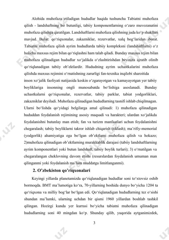zbekiston qo’riqxonalari keyingi yillarda planetamizda qo‘riqlanadigan hududlar soni to‘xtovsiz oshib bormoqda. bmt ma’lumotiga ko‘ra, 70-yillarning boshida dunyo bo‘yicha 1204 ta qo‘riqxona va milliy bog‘lar bo‘lgan edi. qo‘riqlanadigan hududlarning tez o‘sishi shundan ma’lumki, ularning uchdan bir qismi 1960 yillardan boshlab tashkil qilingan. hozirgi kunda yer kurrasi bo‘yicha tabiatni muhofaza qilinadigan hududlarning soni 40 mingdan ko‘p. shunday qilib, yuqorida aytganimizdek, muhofaza qilinadigan landshaftlar, ya’ni qo‘riqlanadigan hududlarning formasi xilma-xil. xorijiy mamlakatlarda tabiatni muhofaza qilishning asosiy ko‘rinishlari – milliy bog‘ va rezervatlar bo‘lsa, masalan, rossiyada qo‘riqxona va zakazniklardir. qo‘riqxona quruqlik maydonining harakterli tabiiy landshaftlari bo‘lgan ma’lum bir uchastkasi bo‘lib, tabiatni muhofaza qilishning eng samarador formalaridan biridir. alohida muhofaza qilinadigan hududlar orasida qo‘riqxonalar muhim rol o‘ynaydi. qo‘riqxonalarning asosiy vazifasi – tabiatning diqqatga sazovor qimmatli landshaftlarini jamiyat manfaatlari uchun saqlashdan iborat. qo‘riqxona hududlaridan xo‘jalikda foydalanish, hatto, pichan tayyorlash, ov qilish, baliq tutish, qo‘ziqorin terish umuman ta’qiqlangan. qo‘riqxonalar atrofi kam foydalanib, muhofaza qilinadigan zona bo‘lishi kerak. qo‘riqxonalarning …