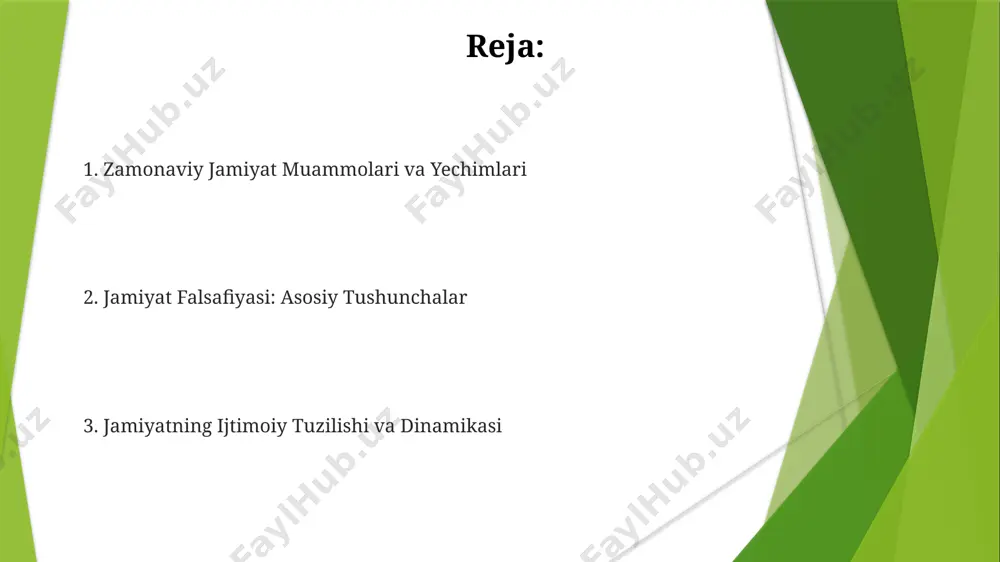 esa jamiyatning 70% ga yaqinini tashkil etadi. ijtimoiy o'zgarishlar va rivojlanish ijtimoiy o'zgarishlarni tahlil qilishda 3 ta asosiy omil: demografik ko'rsatkichlar (aholi soni, yosh tuzilishi), iqtisodiy rivojlanish darajasi (yaim o'sishi, kambag'allik darajasi) va siyosiy tizimning xususiyatlari muhim rol o'ynaydi. o'zgarishlar sur'ati turlicha bo'lishi mumkin: ba'zi jamiyatlarda 10 yilda katta o'zgarishlar kuzatilsa, boshqalarida 50 yil davomida asta-sekin rivojlanish sodir bo'ladi. bu jarayonlarni tushunish uchun tarixiy kontekst muhim ahamiyatga ega. ijtimoiy rivojlanishni o'lchashda 5 ta asosiy ko'rsatkich: sog'liqni saqlash, ta'lim, ijtimoiy adolat, iqtisodiy farovonlik va muhit muhofazasi hisoblanadi. yuqori ball to'plash jamiyatning yuqori darajadagi rivojlanganligini ko'rsatadi. ijtimoiy munosabatlar ijtimoiy munosabatlarning 3 ta asosiy turi – hamkorlik, raqobat va ziddiyat – jamiyatning barqarorligi va rivojlanishiga 20% dan ortiq ta’sir ko‘rsatadi, bu esa ijtimoiy muammolar sonini aniqlashda muhim ahamiyat kasb etadi. ijtimoiy munosabatlarni o‘rganishda ikkita asosiy yondashuv – individualistik va kollektivistik – mavjud bo‘lib, ularning har biri 2-3 ta metodologik tamoyillarga asoslanadi va jamiyat …