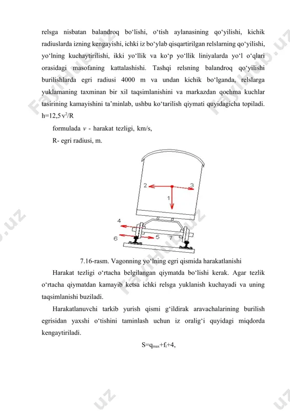 tezligi o‘rtacha belgilangan qiymatda bo‘lishi kerak. agar tezlik o‘rtacha qiymatdan kamayib ketsa ichki relsga yuklanish kuchayadi va uning taqsimlanishi buziladi. harakatlanuvchi tarkib yurish qismi g‘ildirak aravachalarining burilish egrisidan yaxshi o‘tishini taminlash uchun iz oralig‘i quyidagi miqdorda kengaytiriladi. s=qmax+ft+4, bunda ft- tashqi iz bo‘ylab burilish strelasi (nayzasi); qmax - g‘ildirak chambaraklarining tashqi tomonlari orasidagi masofa , mm; 4 - izning torayish meyori, mm. egri joylarda iz kengligining meyorlari quyidagicha belgilangan: r ≥ 350 m bo‘lganda – iz kengligi 1520 mm r = 349-300 m da – iz kengligi 1530 mm r ≤ 299 m bo‘lganda – iz kengligi 1535 mm o‘tish egrisini qo‘yish. to‘g‘ri yo‘lning aylana radiusli egri bilan ulanishi ular orasida o‘tish egrisini qurish orqali bajariladi. o‘tish egrisi to‘g‘ri yo‘lni aylana egrisi bilan rejada va profilda ohista ulanishini ta’minlaydi. o‘tish egrisi rejada cheksiz katta radiusdagi egrining aylanma radiusigacha radioidal spiral tenglamasi asosida o‘zgarib boradi. tashqi relsning ko‘tarilishi va iz oralig‘ining …