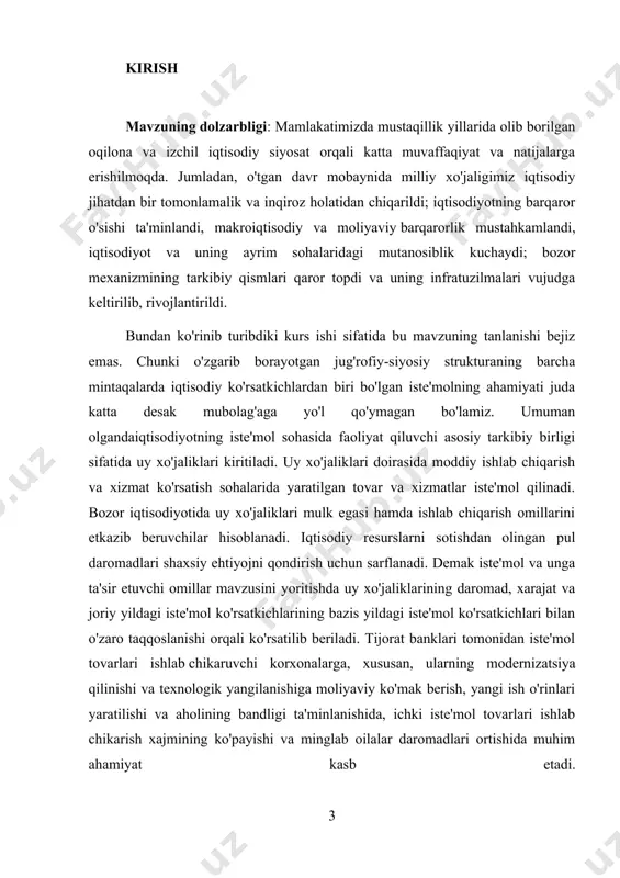 mol tovarlari bilan to'ldirish, aholining iste'mol tovarlariga bo'lgan talabining shakllanishi va unga ta'sir etuvchi omillarni o'rganish hamda savdoni shu asosda tashkil etib, iste'molchilarning talablarini to'laroq qondirilishini tadqiq etish muhim ahamiyatga ega bo'lmoqda. qisqa vaqt ichida iqtisodiyotda chuqur tarkibiy o'zgarishlarni amalga oshirish, aholi daromadlarining o'sishini ta'minlash, samarali tashqi savdo hamda investitsiya jarayonlarini kuchaytirish, qishloq xo'jaligini isloh qilish, iste'mol bozori, kichik biznes va xususiy tadbirkorlikni rivojlantirishda ijobiy yutuqlar qo'lga kiritildi. chunki respublikamiz o'z mustaqilligiga erishish jarayonida muhim ahamiyatga ega bo'lgan bir qator siyosiy, ijtimoiy-iqtisodiy sohalarda chuqur islohotlarni bosqichma-bosqich amalga oshirishni belgilab oldi. iqtisodiy islohotlarning birinchi bosqichida davlat tomonidan xalq iste'molidagi asosiy oziq-ovqat tovarlari - iste'mol mahsulotlari, go'sht va go'sht mahsulotlari, sut, qand-shakar, o'simlik yog'i, xo'jalik sovuni, bolalarga kerakli ayrim tovarlarga belgilangan narx-navoni boshqarib turishni zarur deb topdi. bunda respublikaning ichki iste'mol bozorini tartibga solish va iste'moldagi oziq-ovqat mahsulotlarining ma'lum bir turlari iste'molini muayyan darajada saqlab turish orqali, aholini ijtimoiy himoyalash davlatimizning iqtisodiy …