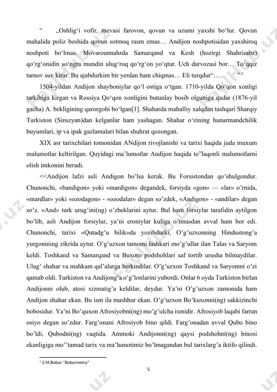 yilda shaharga yondosh xoqon (xaqan) qishlogʻi aholisi koʻchirilib oʻrnida rus bosqinchilari uchun yangi shahar qurila boshladi. shahar rossiya bilan temir yoʻl orqali bogʻlangach (1899), qishloq xujalik mahsulotlarini qayta ishlaydigan dastlabki sanoat korxonalari vujudga keldi. 1898-yil andijonda podsho hukumati maʼmurlarining zulmiga qarshi dukchi eshon — muhammadali xalfa sobir oʻgʻli rahbarligida xalq qoʻzgʻoloni boʻlib oʻtdi. qoʻzgʻolon nihoyatda shafqatsizlik bilan bostirildi, koʻplab begunoh odamlar oʻldirildi, qoʻzgʻolon tashkilotchilari qatl etildi. 1916-yil andijon mehnatkashlari podsho hukumatining mardikorlikka olish siyosatiga qarshi xalq qoʻzgʻolonida faol qatnashdi.[footnoteref:2]1 [2: 1 o’zbekistonning yangi tarixi. o’zbekiston sovet mustamlakachiligi davrida. 2-kitob. –t.: sharq, 2000.] sobiq sovet davrida va ii jaxon urushi davrlarida andijon viloyati axlosi uchun mashaqqatli va sinovli yillar bo’ldi. urushda oʼzbekistondan 1,5 million kishi janglarda bevosita ishtirok etgan, qanchadan-qancha yurtdoshlarimiz urushda halok boʼlgan, qanchasi bedarak ketgan, qanchasi mayib-majruh boʼlib qaytgan. urush boshlanishi arafasida aholisi 614,5 ming nafar boʼlgan аndijon viloyatining oʼzidan 97,5 ming kishi harbiy xizmatga chaqirildi, yaʼni aholining 15,61 …