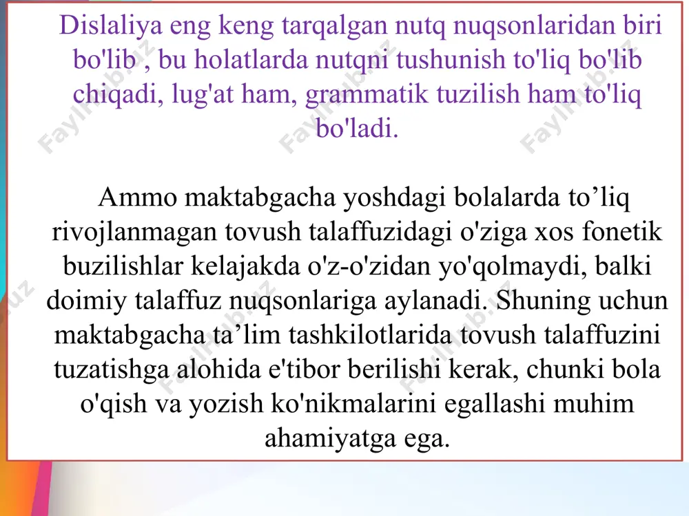 ishlab chiqarish . tilning uchi pastki kesuvchi tishlarga tayanadi. uslubiy tavsiyalar: "devor" pozitsiyasidan bajaring deraza mashqi . tilni pastki kesuvchi tishlarning orqasiga tekis qilib qo'ying . 5 gacha hisoblashni ushlab turing . mashq 4. “yelkan”. maqsad : tilning yuqori ko'tarilishini tovushlar uchun tayyorlash [p], [l]. ko'rsatmalar : bola doimiy ravishda bajaradi quyidagi mashqlar: "panjara" - "oyna" - "ko'prik". "ko'prik " pozitsiyasidan keng til yuqoriga ko'tariladi kesuvchi tishlar va alveolalarga tayanadi. til cho'kmasligiga ishonch hosil qiling, lekin tarang va keng, gioid ligament aniqlandi. hisobni ushlab turing 5 gacha. til yuqoriga ko'tariladi. mashq 5. "tubula". maqsad: lablarning faolligini va harakatchanligini rivojlantirish. ko'rsatmalar: "devor" pozitsiyasidan lablaringizni oldinga cho'zing, markazda teshik bo'lmasligi uchun ularni mahkam yoping. dumaloq mushak ajinlar ichiga kiradi. mashq 7. "belkurak". maqsad : uchun zarur bo'lgan tilning keng va xotirjam pozitsiyasini rivojlantirish xirillagan tovushlarni tayyorlash. uslubiy tavsiyalar : mashqlarni izchil bajaring " devor" - "oyna" - "ko'prik". tilning pozitsiyasidan "ko'prik" surish …