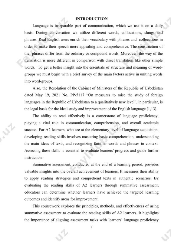 ic information, a well-structured summative assessment helps educators gauge learners’ progress and identify gaps in their skills. this theme is particularly relevant in today's educational context, where the demand for reliable assessment tools and methods is growing, and ensuring that these tools align with learners' proficiency levels is crucial for meaningful evaluation and guidance. the aim of the course work is to analyze and evaluate the role of summative assessment in measuring the reading skills of a2 learners. it seeks to explore effective assessment strategies, ensure alignment with the common european framework of reference for languages (cefr) standards, and provide recommendations for designing and implementing summative assessments that accurately reflect learners’ abilities and support their further development. the subject of the course work is the summative assessment of reading skills, focusing on the evaluation process for a2 learners as defined by the common european framework of reference for languages (cefr). …