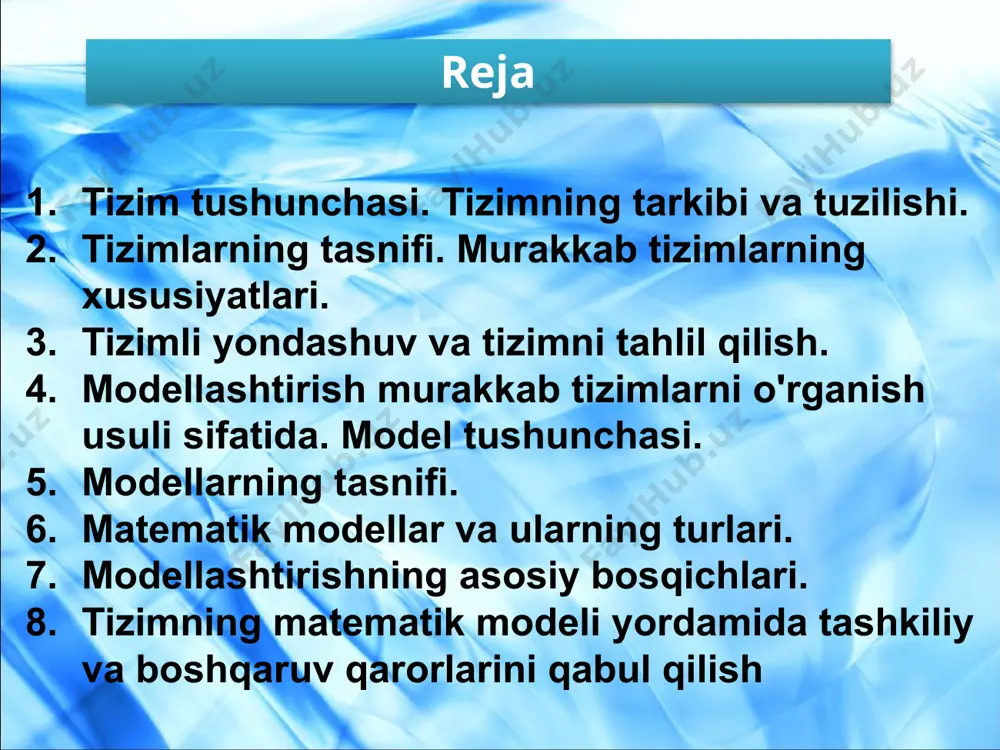 ydo bo'lishini va shunga muvofiq, yagona obyekt sifatida qabul qilinishini anglatadi tizim elementi qismlarga ajratib bo'lmaydigan tizim ob'ekti. tizim tashqi (atrof) muhitda ishlaydi, u bilan o'zaro aloqada bo’ladi, uni o'zgartiradi va bir vaqtning o'zida o'zini o'zgartiradi. atrof muhit tashqi (atrof-muhit) muhit– bu tizimga kiritilmagan, ammo ularning xossalarini o'zgartirishi tizim holatini o'zgartirishi mumkin bo'lgan ob'ektlar majmui. tizimning xatti-harakatlariga ta'sir qiladigan va tizimning o'zi ta'sir qiladigan ob'ektlar atrof muhit ob'ektlari bo'lishi mumkin boshqacha qilib aytganda, tizim u yoki bu ma'noda atrof-muhitning bir qismi bilan o’zaro ta'sirlashishi mumkin. ob'ektlarning qaysi biri tizimga, qaysi biri atrof-muhitga tegishli ekanligi tadqiqot maqsadiga bog'liq. har qanday tizimning muhim tarkibiy qismlari uning tarkibiy elementlari va ular orasidagi bog'lanishlardir. tizimni elementlarga (kichik tizimlarga) ajratish jarayoni va element tushunchasining o'zi shartli va nisbiydir, chunki har qanday element o'z navbatida har doim boshqa elementlarning to'plami sifatida qaralishi mumkin. masalan, elektron ham atom kabi tuganmasdir. tizimning birinchi bo'linishi (dekompozitsiya) natijasida birinchi darajadagi …