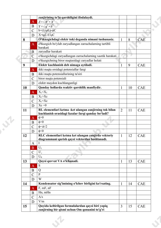 uchun kirxgofning 1-qonunini ifodalaydi. 2 41 cae a b ɸ=li c u=ri d p=iu 42 keltirilgan kompleks miqdorlarning qaysi biri ko'rsatgichli tarzda ifodalanadi. 1 42 cae a a0=aeja b a0=a1 +ja2 c a=(cosφ+jsinφ) d a=b+c 43 keltirilgan elementlarning qaysi birida elektr maydon hosil bo'ladi. 1 43 cae a kondensator b induktiv g'altak c rezistor d hech birida 44 quyidagi formulalarning qaysi biri o'zgaruvchan tok zanjirining reaktiv o'tkazuvchanligini ifodalaydi. 3 44 cae a b=(1/ῳl)-ῳc b x=ῳl-1/ῳc c d 45 o'zgaruvchan tokning davri quyidagi belgilashlarning qaysi biri bilan ko'rsatiladi. 1 45 cae a t b f c ῳ d φ 46 keltirilgan elementlarning qaysi birida elektr energiyasi issiqlik energiyasiga aylanadi. 1 46 cae a rezistor b kondensator c induktiv g'altak d hech birida 47 qaysi quvvat vatt da o'lchanadi? 1 47 cae a p b q c s d w 48 keltirlgan komlpekls miqdorlarning qaysi biri trigonometrik tarzda ifodalanadi. 1 48 cae …