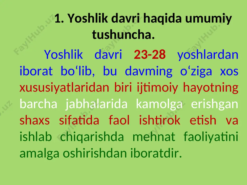 ng ko‘pchiligi o‘quv yurtlaridagi nazariy bilimlari bilan amaliy ko‘nikmalar o‘rtasida uzilish mavjudligi sababli mustaqil faoliyatning dastlabki kunlaridan boshlab qator qiyinchiliklarga duch keladilar. bu qiyinchiliklar o‘z mohiyatiga ko‘ra uch xildir; ular: a) ijtimoiy qiyinchiliklar: notanish muhit shart-sharoitlari, shaxslararo munosabatlar, mehnat jamoasining saviyasi, undagi kishilarning xarakter xislatlari, ishlab chiqarish jamoasining qadriyatlari, ma’naviyati, an’analari va hokazo; b) bilim va bilishga oid qiyinchiliklar: maxsus o‘quv yurtida olgan bilimlardagi uzilishlar, saviyaning cheklanganligi, ijodiy izlanish faoliyatining zaifligi, tashabbuskorlikning yetishmasligi va boshqalar: v) mutaxassislik bilan bog'liq o‘ziga xos qiyinchiliklar; ishlab chiqarishning mohiyati, xususiyati, texnologiya, qurilmalar, asboblar, amaliy ko‘nikmaning bo‘shligi yoki ular bilan yetarli darajada tanishmaganlik, kasbning iqtisodiy negizini to‘la anglab yetmaslik, xavfsizlik texnikasi mahsulot ishlab chiqarishning chizma-yoyilmasi va grafik irodasini taqqoslash murakkabligi, muammolar oldida lol qolish. bu qiyinchiliklarni yengish davrida insonning ruhiy holatlari, jarayonlari va xususiyatlarida miqdor hamda sifat o‘zgarishlari ro‘y beradi. . psixoflziolog p.p.lazarevning fikricha, eshitish, ko'rish, periferik va kinestetik sezgirlikning o‘zgarishi 20 yoshdan boshlanadi. bu …