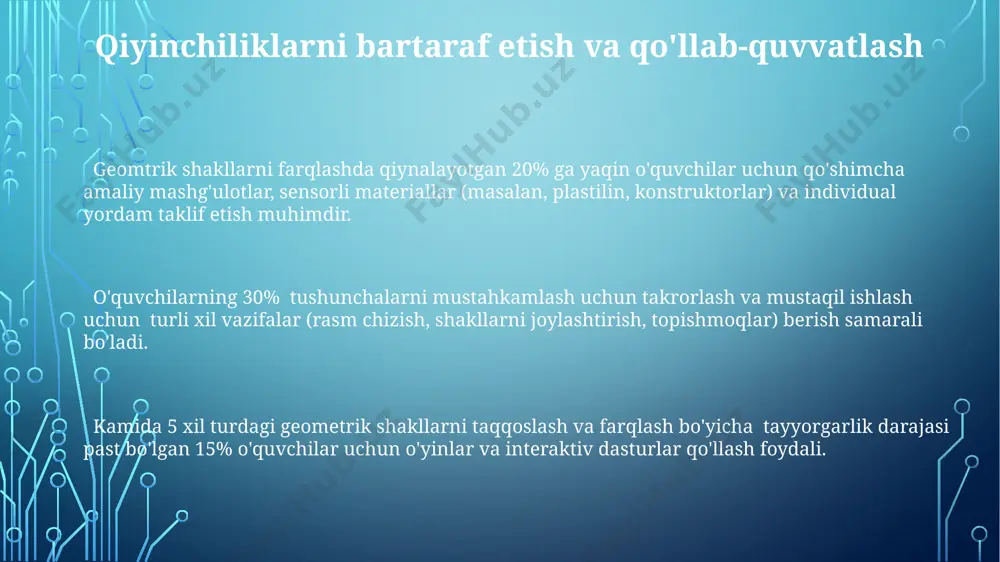 oblash kabi amaliy mashqlarni qo'llash mumkin. yosh bolalar (3-5 yosh) uchun geometrik shakllarni o'rgatishda, qo'l bilan ishlash, rangli bloklar va kattalikdagi farqlarni ko'rsatish orqali 2d va 3d shakllarni aniqlashga e'tibor qaratish kerak. ta'lim samaradorligini oshirish har bir geometrik shaklning 5 ta xususiyatini (tomonlar soni, burchaklar turi, simmetriya, o'lchamlar) tahlil qilish orqali chuqurroq tushunishni shakllantirish dars samaradorligini sezilarli darajada oshiradi. geometrik shakllarni farqlash va nomlash bo'yicha o'quv faoliyatini 30% ga oshirish uchun interaktiv o'yinlardan, masalan, lego konstruktorlaridan yoki virtual manipulyativ vositalardan foydalanish samarali. dars jarayonida kamida 2 xil o'quv uslubini (masalan, vizual, audio, kinestetik) qo'llash orqali o'quvchilarning 80% tushunishini ta'minlash mumkin. vizual qo'llanmalar va resurslar bolalarga turli geometrik shakllarni o'z ichiga olgan 20 ta rasmlar to'plamini taqdim eting va ularni tasniflash, nomlash va xususiyatlarini aniqlash bo'yicha topshiriqlar bering; bu ularning fazoviy fikrlash qobiliyatlarini rivojlantiradi. rangli kartalar, kublar va konuslar kabi 5 turdagi manipulyativ vositalar yordamida amaliy mashg'ulotlar o'tkazing. har bir shaklning …