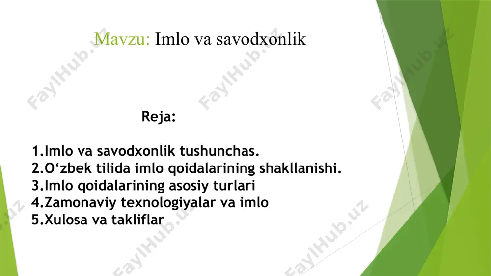 ish yozishmalari va boshqa muhim matnlar imlo qoidalariga qat'iy rioya qilgan holda yozilishi shart. imlo xatolari hujjatning qimmatini tushirishi yoki noto'g'ri talqin etilishiga sabab bo'lishi mumkin. tilning saqlanishi va rivojlanishi: imlo qoidalari tilning bir xilligini ta'minlash orqali uning saqlanib qolishiga va rivojlanishiga xizmat qiladi. savodxonlikning ahamiyati: ta'lim olish va bilim egallash: savodli inson kitoblar, maqolalar va boshqa yozma manbalardan mustaqil ravishda bilim olish imkoniyatiga ega. karyera imkoniyatlari: ko'pgina sohalarda savodli bo'lish muhim talablardan biri hisoblanadi. yaxshi yozish va o'qish qobiliyati ish topish va martaba o'sishida katta rol o'ynaydi. axborotdan to'g'ri foydalanish: savodli kishi turli axborot manbalarini tahlil qila oladi, yolg'on va haqiqatni ajrata oladi. o'zbek tilida imlo qoidalarining shakllanishi uzoq va murakkab jarayon bo'lgan. bu jarayon o'zbek adabiy tilining rivojlanishi, yozuv tizimlarining o'zgarishi va ijtimoiy-siyosiy omillar bilan chambarchas bog'liqdir. vaqt o'tishi bilan tilning leksikasi boyib bordi, yangi so'zlar paydo bo'ldi. shuningdek, amaldagi qoidalarda ba'zi kamchiliklar aniqlandi. shu sababli, imlo qoidalariga …