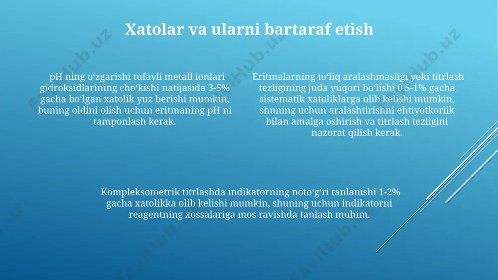natijalarni statistik tahlil qilish (o’rtacha qiymati va standart og’ishni hisoblash) tavsiya etiladi. titrlash jarayonida temperatura o’zgarishini nazorat qilish muhim, chunki har 1°c o’zgarish natijada 0,1-0,2% xatolik keltirib chiqarishi mumkin. e'tiboringiz uchun rahmat @taqdimot_robot