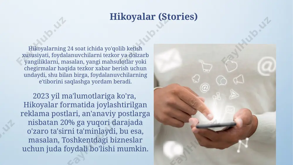 ning faolligi va platformadagi yuqori darajadagi muloqotni tasdiqlaydi. xavfsizlik va maxfiylik 2023-yil ma’lumotlariga ko'ra, o'zbekistonda 15 million foydalanuvchi shaxsiy ma'lumotlarini himoya qilish bo'yicha yetarli darajada xabardor emas, bu esa firibgarlik va shaxsiy ma'lumotlar o'g'irlanishi xavfini 30% ga oshiradi. facebook, instagram va telegram kabi platformalarda joylashtirilgan shaxsiy ma'lumotlarning 70% dan ortig'i, foydalanuvchilarning o'zlarining xavfsizlik sozlamalarini noto'g'ri o'rnatishi tufayli himoyasiz qoladi, bu esa samarqand va toshkent shaharlaridagi kiberjinoyatchilik darajasini oshiradi. rasmlar va videolar qo'shma shtatlarda o'tkazilgan so'rovnomalarga ko'ra, 18-35 yosh oralig'idagi yoshlar kundalik hayotlarining 2 soatini ijtimoiy tarmoqlarda rasmlar va videolarni ko'rishga sarflaydilar. o'zbekiston bo'yicha tadqiqotlar shuni ko'rsatdiki, 2022 yilda facebook va youtube'da joylashtirilgan rasmlar va videolar soni 30% ga oshgan bo'lib, bu milliy darajadagi onlayn-muloqotning faolligidan dalolat beradi. guruhlar va sahifalar o'zbekistondagi 5 milliondan ortiq facebook guruhlari va sahifalari mavjud bo'lib, ularning 30% dan ortig'i toshkent shahrida joylashgan bizneslarga tegishli. bu raqamlar ijtimoiy media marketingining ahamiyatini ko'rsatadi. instagram'dagi "guruhlar va sahifalar" …