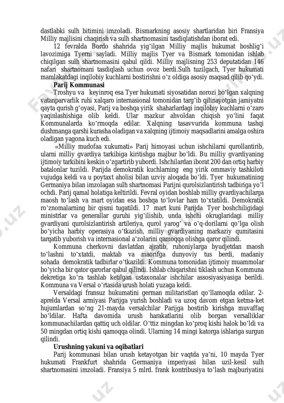 lotaringiya chegaralariga keltirildi. fransiya qo’shinlari shimoli-sharqiy chegaralarda saarbryukindan belfargacha bo’lgan masofada joylashtirildi. qo’shinga napoleon iii ning shaxsan o’zi qo’mondonlik qildi. fransuzlar hujum qilmasdan faqat mudofaa bilan cheklanishga majbur bo’ldilar. veysenburg ostonasida, strassburg shimolida va nihoyat belgiya chegarasidagi sedanda bo’lgan hal qiluvchi jangda fransiya qo’shinlari ketma-ket ravishda mag’lubiyatga uchradilar. 1870 yil 1-sentyabrda sedandagi mag’lubiyatdan so’ng napoleon iii bo’yrug’i bilan fransiyaning taslim bo’lganligi ma’lum qilindi. bu bilan fransiya imperatori mamlakatda o’z hukumronligini saqlab qolishga harkat qildi. fransiyada 1870 yil 4-sentyabr inqilobi fransuz qo’shinlarining mag’lubiyatga uchraganligi haqida xabar parij aholisining ommaviy narozilik harakatlariga sabab bo’ldi. xalq orasida imperator va hukumatning nufuzi tushib ketdi. qonun chiqaruvchi korpus binosida respublikachilar va monarxiyachi-orleanchilar yig’ildilar. ularning bir qismi respublika to’zo’mi va islohotlar uchun harakat qilayotganligiga qaramasdan, ular xalq inqilobidan cho’chimoqda edi. ularning boshqa bir qismi esa respublika tarafdori, uchinchi bir qismi esa graf parijskiy boshchiligida orleanchilar hukumronligini tiklashga, to’rtinchi birlari esa legitimistlar vakili bo’lgan gersog shambora boshchiligida …