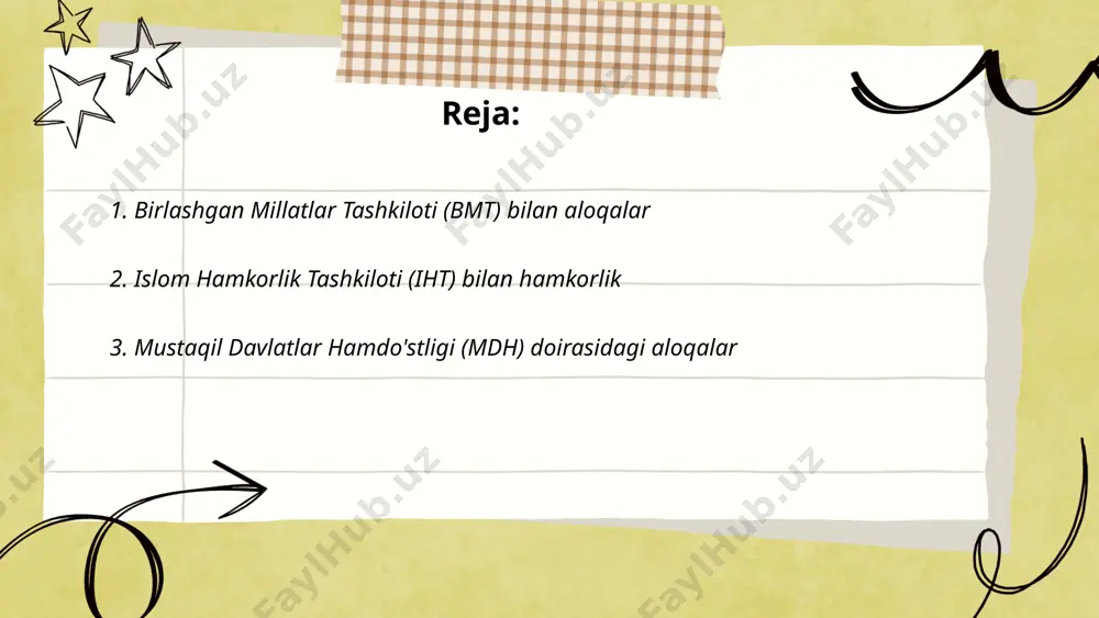 9 davlat faol a'zo hisoblanadi. mdh doirasidagi aloqalar savdo, iqtisodiyot, xavfsizlik, transport va ekologiya kabi jabhalarni qamrab oladi. 2021-yilda mdh davlatlari o'rtasidagi ichki savdo hajmi qariyb 100 milliard aqsh dollarini tashkil etdi. mdh doirasida har yili turli iqtisodiy va madaniy forumlar, shuningdek, davlat rahbarlari sammitlari o'tkaziladi. ularning asosiy maqsadi iqtisodiy hamkorlikni mustahkamlash va siyosiy barqarorlikni ta'minlashdir. ... t.me/slaydai_bot 4. yevropa ittifoqi (yi) bilan munosabatlar o‘zbekiston va yevropa ittifoqi (yi) o'rtasidagi munosabatlar so‘nggi yillarda rivojlanmoqda. 1996-yilda o‘zbekiston va yi o‘rtasida sheriklik va hamkorlik to‘g‘risidagi bitim imzolangan. 2020-yilda ikki tomonlama tovar ayirboshlash hajmi 2,3 milliard yevroni tashkil etdi. yi o‘zbekistonning asosiy savdo sheriklaridan biri bo'lib, mamlakatning eksport va importida muhim o‘rin tutadi. o‘zbekiston yi bilan inson huquqlari, iqtisodiyot, ta’lim va ekologiya kabi sohalarda hamkorlik qiladi. jumladan, yi tomonidan o'zbekistonga moliyaviy va texnik yordam ko'rsatilmoqda. hozirgi vaqtda o‘zbekiston yi bilan kengaytirilgan sheriklik va hamkorlik shartnomasini muzokara qilmoqda. ... t.me/slaydai_bot shanxay hamkorlik tashkiloti (shht) …