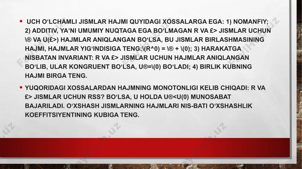ndan ortiq narsalar pallali (richagli) tarozida qanday o’lchanishini eslash kerak. amaliy ishdan tashqari, chap pallasiga narsalar, o’ng pallasiga toshlar qo’yilgan rasmlardan foydalanish qulay. dorixonalarda maxsus tarozilarda dorilar kichik toshlarda kilogrammdan ancha kichik toshlar bilan o’lchanishini aytasiz. bu darsda sinfga dorixona tarozisini va uning uchun kerakli toshlarni fizika yoki kimyo xonalaridan keltirsangiz yanada yaxshi bo’ladi. . v. selkina ushbu mavzuni o'rganishning ikki bosqichini belgilaydi: 1) sig'im, hajm birliklari, turli birliklar yordamida sig'imni o'lchash, hajmlarni solishtirish, qo'shish va ayirish masalalarini hal qilish qobiliyati kabi hajm haqida tasavvurni shakllantirish; 2) kattalik sifatidagi hajm tushunchasini takomillashtirish, uning xossalarini o‘rganish, to‘g‘ri burchakli parallelepiped hajmini hisoblash formulasini kiritish [23, 34]. miqdor sifatidagi hajm tushunchasi maydon tushunchasiga oʻxshatish yoʻli bilan berilgan. bola turli xil narsalarni manipulyatsiya qilish jarayonida, o'yin davomida hajm haqida birinchi g'oyalarni oladi. taqqoslash natijasi shakldagi hukmlarda belgilanadi: “mening qo'g'irchoqim katta. sizda kichkina qo'g'irchoq bor". "paqirda suv oz, lekin vannada ko'p"; "qutida 8 ta kub …