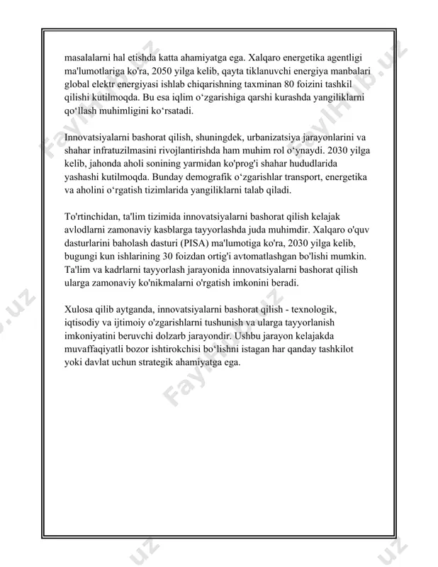 iyatiga ega bo'lishadi. jarayon innovatsiyalari esa samaradorlikni oshirish, ishlab chiqarish xarajatlarini kamaytirish va sifatni yaxshilash orqali foydani oshishiga olib keladi. 4. **innovatsiyaning iqtisodiy va ijtimoiy ta'siri**: innovatsiyalar mamlakatning iqtisodiy rivojlanishiga katta hissa qo'shadi. jahon iqtisodiyotida innovatsiyalar ulushi ortib borar ekan, ilg'or texnologiyalar ishlab chiqarilishi va yangi xizmat turlari yaratilishi orqali iqtisodiy o'sishga imkon beradi. shuningdek, innovatsiyalar o'zlaridan keyingi avlodlar uchun qulay sharoit yaratishni ta'minlaydi va ushbu jarayonda yangi ish o'rinlari tashkil etiladi. 5. **innovatsion faoliyatning asoratlari**: innovatsiyalarni joriy etish jarayonida ba'zi qiyinchiliklar mavjud. misol uchun, texnologik o'zgarishlarga moslashishda qiyinchiliklar, xodimlar uchun yangi ko'nikmalarni o'zlashtirish zarurligi, xilma-xil moliyaviy resurslar zaruriyati kabilar. shu bilan birga, innovatsiyalar ko'pincha qilingan sarmoyaning darhol samarasini ko'rsatmasligi, uzoq muddatli strategik yo'naltirilganlikni talab qilishi qiyinchilik tug'diradi. korxonalarda innovatsion strategiyalarning muvaffaqiyatli tatbiqi uzoq muddatli istiqbolga ega ekanligini ko'rsatadi. shu sababli korxonalar bu borada aniq rejalashtirish va strategik qarorlar qabul qilishlari darkor. innovatsion strategiyalarni amalga oshirish orqali korxonalar nafaqat o'z …