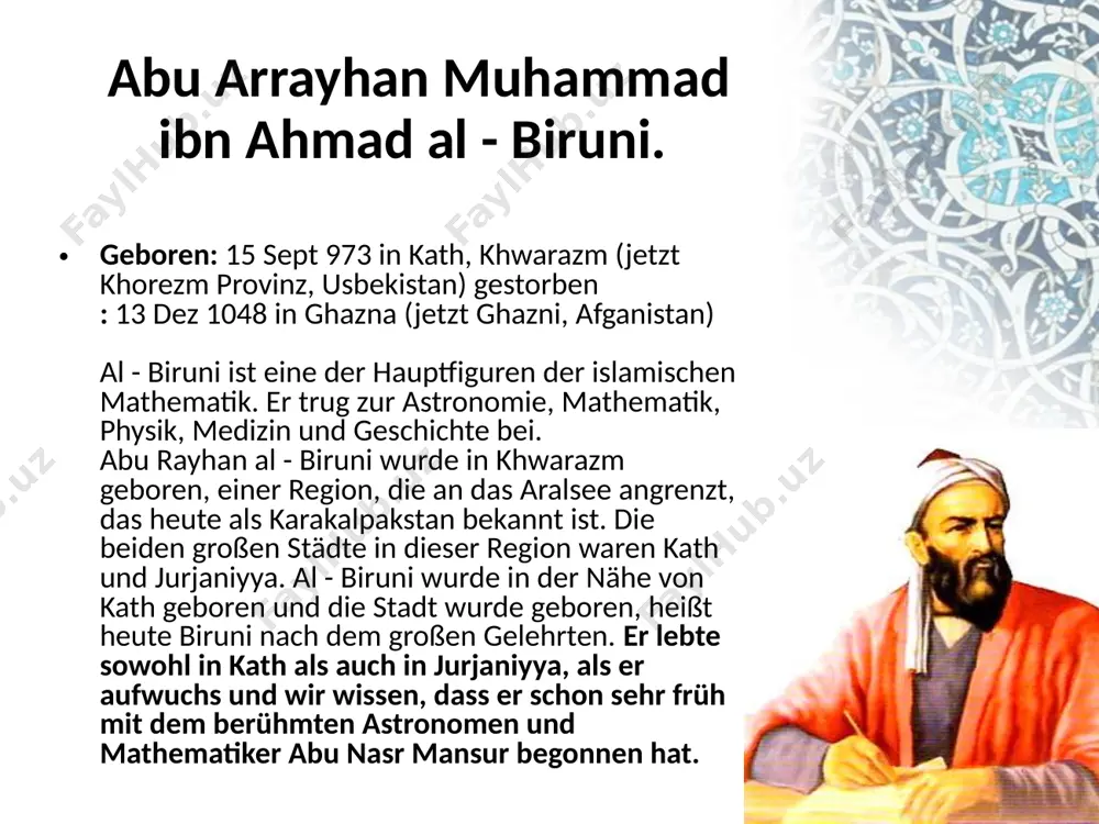 ren des genies, den berühmten kämpfer und militärführer sokhibkiron amir temur, der wesentlich zur entstehung und entwicklung der usbekischen staatlichkeit beigetragen hat. amir temur taragai mukhamad bakhodir ugli wurde am 9. april (13) in der siedlung von khoja ilgor geboren, die zehn kilometer von der stadt shakhrisabz entfernt war. im mittelalter war shakhrisabzs name kesh. in europa war er als tamerlane oder tumberlane bekannt . der name wurde aus dem persischen timur - i lang , "temur the lame" von den europäern im 16. jahrhundert abgeleitet. sein vater taragai mukhammad bakhodir kam aus dem barlas-clan und er gehörte zur elite des clans. amir temurs mutter tegina begim mokh (nach einigen quellen - nekina) war ein buchin von geburt und sie war eine tochter des berühmten theologen sadr - asche shariat ubaydullakh ibn akhmad makhbubi bukhari. abu ja'far muhammad ibn musa al - khwarizmi. geboren: ca. 780 in khwarazm (jetzt kharazm …