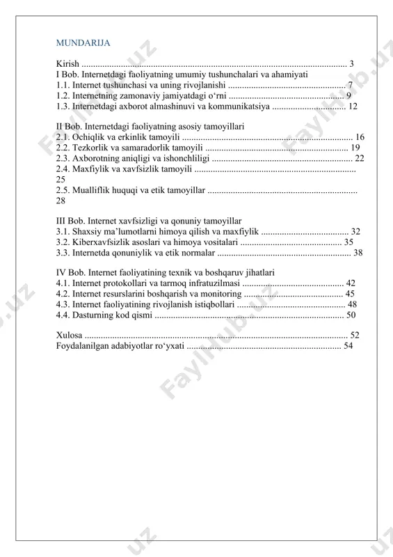 v jihatlari 4.1. internet protokollari va tarmoq infratuzilmasi ............................................ 42 4.2. internet resurslarini boshqarish va monitoring ........................................... 45 4.3. internet faoliyatining rivojlanish istiqbollari ............................................... 48 4.4. dasturning kod qismi .................................................................................. 50 xulosa .................................................................................................................. 52 foydalanilgan adabiyotlar ro‘yxati ................................................................... 54 kirish bugungi kunda internet dunyo bo‘ylab eng keng tarqalgan va muhim axborot-kommunikatsiya vositalaridan biriga aylangan. internetning rivojlanishi va uning hayotimizga keng kirib kelishi bilan birga, odamlarning kundalik faoliyatlari ham tubdan o‘zgarib bormoqda. internet orqali ma’lumot olish, muloqot qilish, biznes yuritish, ta’lim olish va ko‘plab boshqa sohalarda faoliyat yuritish imkoniyati paydo bo‘ldi. internetdagi faoliyat – bu foydalanuvchilarning internet tarmog‘i orqali amalga oshiradigan turli xil axborot almashinuvi, kommunikatsiya, xizmatlar ko‘rsatish va boshqaruv jarayonlarini anglatadi. ushbu faoliyat samarali va xavfsiz bo‘lishi uchun uning asosiy tamoyillari va qoidalariga rioya qilish zarur. internetning ochiqligi, erkinligi, tezkorligi va xavfsizligi kabi tamoyillar uni jamiyat uchun ishonchli va samarali vositaga aylantiradi. biroq, internetdagi faoliyat bilan bog‘liq qator muammolar ham …