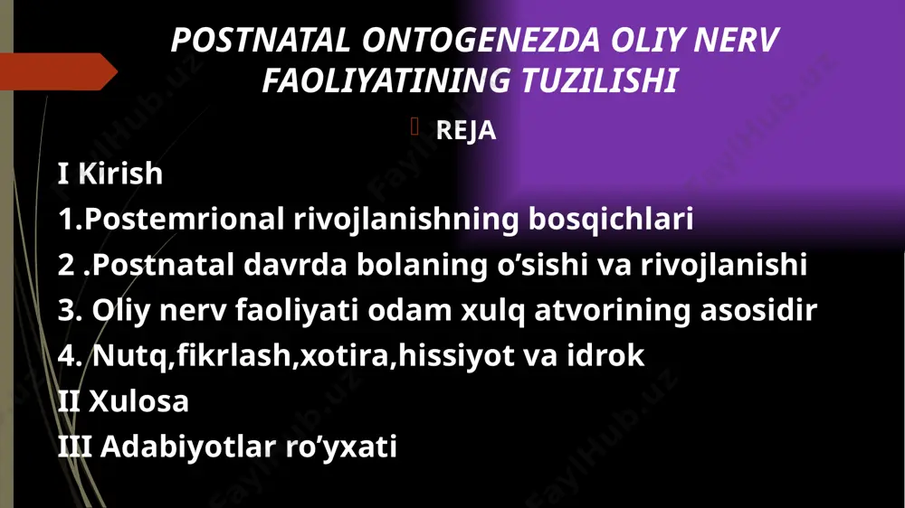 shi oʻsmirlik (oʻspirinlik) davri bolaning jinsiy balogʻatga yetish yuz beradigan va organizm rivojlanishining yuqoriroq darajasiga oʻtish davri — balogʻatga yetish. oʻsmir — yoshi bolalikdan oʻspirinlikga oʻtayotgan yigit yoki voyaga yetgan qiz. hozirgi fan oʻsmirlik yoshini davlat (yashash mintaqasi) va madaniy-milliy xususiyatlarga, shuningdek jinsiga bogʻliq ravishda aniqlaydi (12-14 yoshdan 15-17 yoshgacha). 2011-yilga dunyoda milliarddan ortiq oʻsmir mavjud deb hisoblanadi. oʻsmirlik (oʻspirinlik) davri va balog’atg ayetish yoshida….. oliy nerv faoliyati odam organizmining asosidir odamning xulq –atfori ,aql-idroki,fikrlashi,ongi,boshqalar bilan muamolasi va shu kabi barcha ruhiy xususiyatlarini uning oliy nerv faoliyati belgilaydi.oliy nerv faoliyati esa bosh miya yarim sharlari va ularning po’slog’ida joylashgan nerv hujayralari (nevr markazlari)ning narmal funksiyasiga yoki ulardagi qo’zg’alish,tormozlanish jarayonlarning kuchiga tarqalish tezligiga hamda ularning bir-biriga munosabatiga bog’liq i.a.pavlovning alabaratoriyalarda bosh miya katta yarim sharlari qobig’ining ishi umumiy xususiyatlari bilan birga nerv faoliyatida hayvoning induvidaligi bilan bog’liq bo’lgan nerv faoliyatidagi faktlar kashf etildi va o’rganildi. oliy asab faoliyati haqida tushuncha oliy …