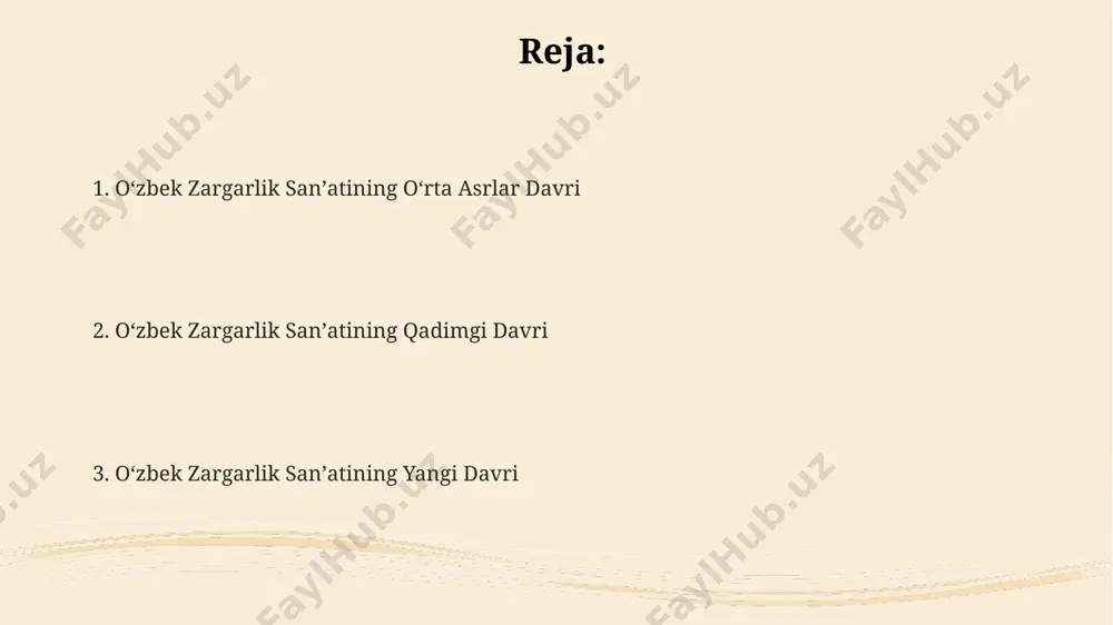 larga ega bo'lib, geometrik naqshlar, arabeskalar va gullar tasvirlari bilan ajralib turardi, bu naqshlarning 30 dan ortiq turlarini uchratish mumkin edi. xix asr zargarlik buyumlari xix асрдаги ўзбек заргарлик санъатида филиз, кумуш ва олтиндан ясалган 300 дан ортиқ турдаги тақинчоқлар, уларнинг кўпчилиги этнографик услубда яратилганлиги билан ажралиб туради. xix асрда бухоро ва хива шаҳарларида яратилган кумуш зийнат буюмлари, хусусан, 50-100 граммгача бўлган оғирликдаги бижутерияларнинг кенг тарқалгани кузатилади. марғилон, ҳамда самарқанд шаҳарлари xix асрда турли геометрик нақшлар билан безатилган, 20 дан ортиқ турдаги қимматбаҳо ва ярим қимматбаҳо тошлардан фойдаланилган заргарлик маҳсулотлари билан машҳур бўлган. qadimgi davr zargarlik san'ati qadimgi termiz yaqinidan topilgan 1-asrga oid qabrlarning tekshiruvlari, 50 dan ortiq oltin va kumushdan yasalgan bezaklarning mavjudligini tasdiqladi, ularning ba'zilari xalqaro savdo aloqalarini ko‘rsatadi. amir temur davri (14-asr) zargarlik san'atida, taxminan 200 dan ortiq turdagi qimmatbaho toshlar, lapis lazuli, firuza va marjonlar keng qo‘llanilgan. qadimgi margʻilon va buxoro shaharlarida topilgan miloddan avvalgi 3-asrga …