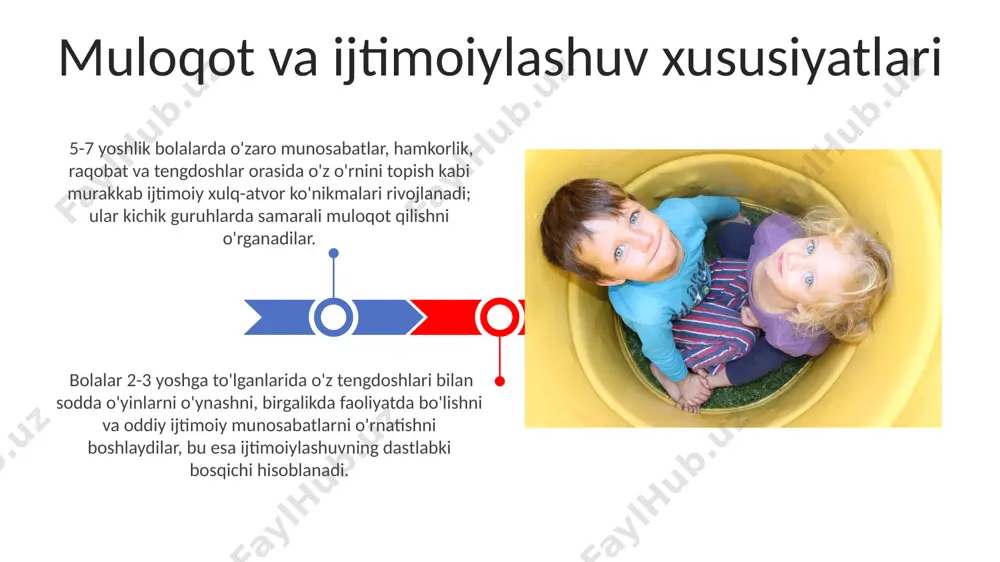 ta'lim samaraliroq bo‘ladi. bolalarning e'tibori o‘zgaruvchan va qisqa muddatli bo‘lib, o‘rtacha 10-15 daqiqa davom etadi. ularning qiziqishi tez o‘zgaradi, shuning uchun darslarni qisqa va rang-barang qilish kerak. bola ongi va tafakkurining xususiyatlari xotira va e'tiborning rivojlanishi selektiv e'tiborning rivojlanishi 7-8 yoshga kelib sezilarli darajada yaxshilanadi, ya'ni bolalar keraksiz ma'lumotlarni filtrlash va muhim ma'lumotlarga e'tiborni qaratish qobiliyatini oshiradilar. bolalarda e'tiborning hajmi yoshiga bog'liq holda o'zgaradi: 5 yoshli bola 7-8 daqiqa, 10 yoshli bola esa 15-20 daqiqa davomida biror narsaga e'tiborini jamlashi mumkin. bu esa e'tiborning rivojlanishini aks ettiradi. bolalarda stress va qo'rquvning namoyon bo'lishi 7-12 yoshdagi bolalarda qo'rquv tashvish, o'ziga ishonchsizlik, ijtimoiy chekinish va maktabdagi o'qishdagi qiyinchiliklar sifatida namoyon bo'ladi, ba'zan somatizasyon alomatlari bilan birga keladi. o'smirlik davrida (13-18 yosh) stress va qo'rquv depressiya, xavotirli buzilishlar, o'z joniga qasd qilish fikrlari va giyohvand moddalarni suiiste'mol qilish shaklida namoyon bo'lishi mumkin, bu holatlar 15% gacha bo'lgan o'smirlarda kuzatiladi. e'tiboringiz uchun rahmat @taqdimot_robot …