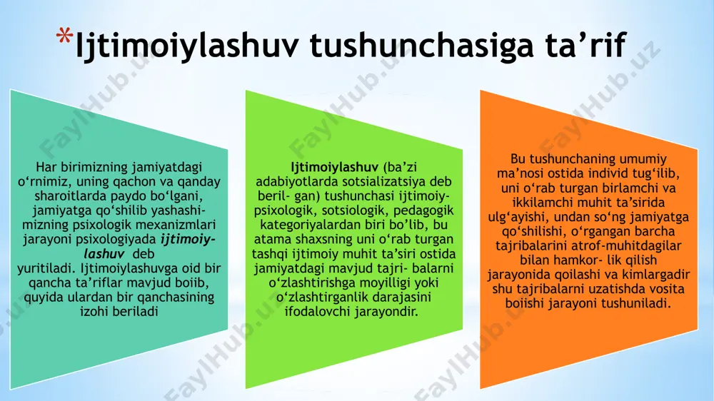 o’ziga xosliklariga ega bo’lish; v) unga tegishli bo’lgan masalalarni hal qilish, uning o’z darajasini aniqlab olishiga xalaqit beradigan hayotiy holatlarga qarshi turish xohishi sifatida namoyon bo’ladi. agar shaxsning jamiyatga kirishida ijtimoiylashuv va individuaalashuv jarayonlari o’rtasida tenglik yuzaga kelsa, insonning jamiyatga yaqinlashuvi ro’y beradi. shu bilan birga bu yerda shaxs va muhitning o’zaro ta’sir etish ham sodir bo’ladi. shunday qilib, muvaffaqqiyatli ijtimoiylashuv moslashuv va individuallashuv o’rtasida muvozanat saqlangandagina amalga oshishi mumkin. bu jarayon 3 asosiy sohada amalga oshadi: - faoliyat-turlarning kengayishi, uning shakl va vositalarini qo’lga kiritish, erkin mo’ljal olish. - muomala-muomala doirasini kengaytirish, uning mazmunini chuqurlashtirish, xulq-atvor me’yorlarini o’zlashtirish. - anglash-shaxsiy men obrazini faoliyatning faol ishtirokchisi sifatida shakllantirish, o’z ijtimoiy mansubligi va o’rnini anglash, o’ziga baho berishni shakllantirish ijtimoiylashuv vositalari inson ijtimoiylashuvi u yoki bu jamiyat ijtimoiy qatlamlariga xos bo’lgan universal vositalar orqali amalga oshiriladi, ularga: go’dakni emizish va g’amxo’rlik qilish usullari, maishiy va gigiyenik yurish-turish qoidalari, insonni o’rab turuvchi …