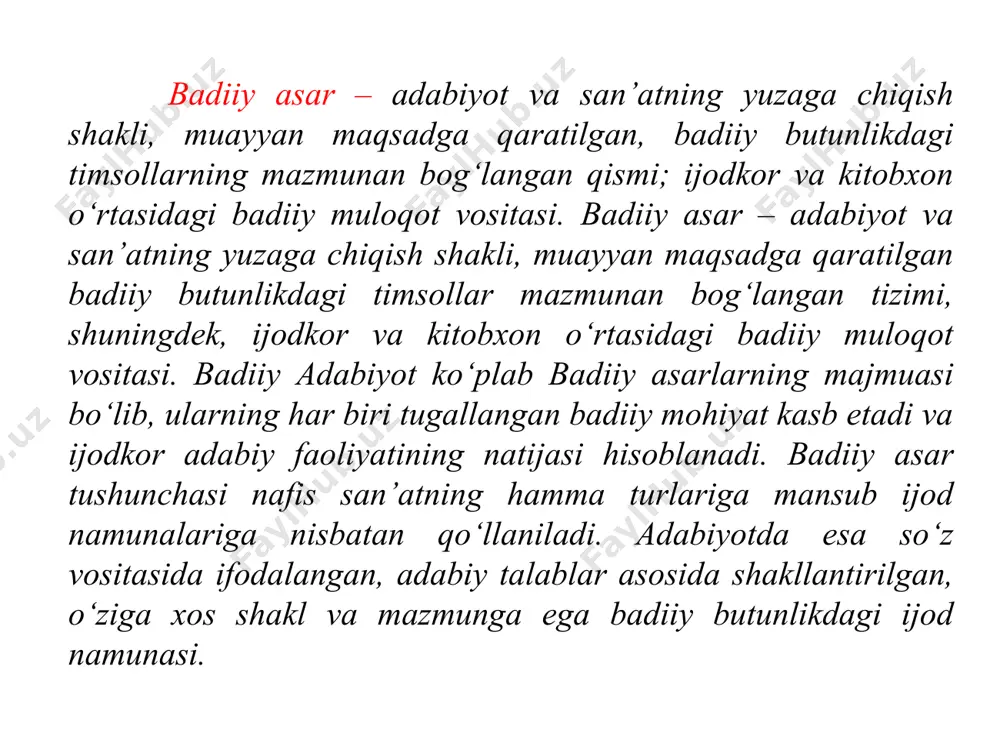saqlab qolishgina emas, balki ularning boyitilishiga xizmat qiladi”. mumtoz adabiyotshunoslik tarixi badiiy ijodning estetik, ma’ri-fiy va yaratuvchanlik jihatlariga asosiy e’tibor qaratadi. san’atkor tasavvurida hayotdan parallel ravishda olingan ilk unsurlar: taassurot, fantaziya, shaxsning individual va ijtimoiy xususiyatlari kabilar birikib, badiiy tasvir (obraz) yaratilishi orqasida badiiy voqelik tug‘iladi. mana shu bosqichda turli qahramonlar, personajlar va hayotiy holatlardan ijodkor o‘z estetik didiga muvofiqlarini tanlab oladi, boshqalarini “o‘chiradi”. tasodifiy hayot hodisasidan muallifning go‘zallik qonunlari bo‘yicha harakati natijasida go‘zal, kutilmagan badiiy voqelik paydo bo‘ladi. bu ijodiy jarayonni muallifning o‘zi to‘liq boshqara olmaydi. badiiy voqelikning kutilmaganligi, avvaldan ma’lum emasligi “san’at – san’at uchun” va “san’atning tendensiozligi” (tarafkashligi) kabi tushunchalarning o‘zaro mohiyati badiiy ijodning murakkabligi bilan izohlanadi. badiiy asar yozish jarayoni ijodkorning g‘oyaviy niyat, maqsadi bilan boshlanadi. ijodiy maqsadning muhim yoki arzimasligi ijodkor shaxsining olamni qanday idrok etishi, iste’dodi tabiati, hayotiy tajribasi, umumiy madaniy saviyasi bilan bog‘liqdir. badiiy ijod (xususan, adabiy ijod) boshqa ijod turlaridan o‘zining kutilmaganligi …