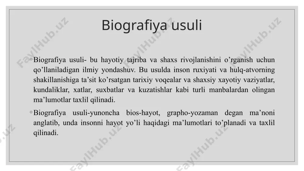 qiziqarli voqealar biografik usulni amalga oshirish manbalari (l.y. lgunovaga ko’ra) o’rganilayotgan shaxs uni tanigan odamlar uning faoliyati maxsulotlari tarixiy va adabiy manbalar yashash joyi, kasbiy faoliyati yashash va ish muhiti shaxsiy buyumlar ananevning biografiya usuli haqidagi g’oyalari ananevning fikricha, biografik usul- bu shaxs va insonning hayot yo’li haqidagi ma’lumotlarni to’plash va taxlil qilish usulidir. biografik usul aniq odamlarning rivojlanishidagi individualligini o’rganish uchun qo’llaniladigan diagnostic vosita. shaxsning xayot yo’li quyidagilarda o’z aksini topadi voqealarda xolatlarda ijtimoiy muxit o’z rivojlanish muhiti (oila) individual turmush tarzi ananev bo’yicha biografik usul turlari manbalarni taxlil qilish biografik anketa intervyu shaxsiy hujjatlarning content-analizi biografiya usulining yangi ko’rinishlari psixobiografiya kauzemetrik usul ma’no-metrik usul retrospektiv professional avtobiografiya e’tiboringiz uchun raxmat image2.jpeg image3.jpeg image4.png image5.png image6.png image7.png image8.png