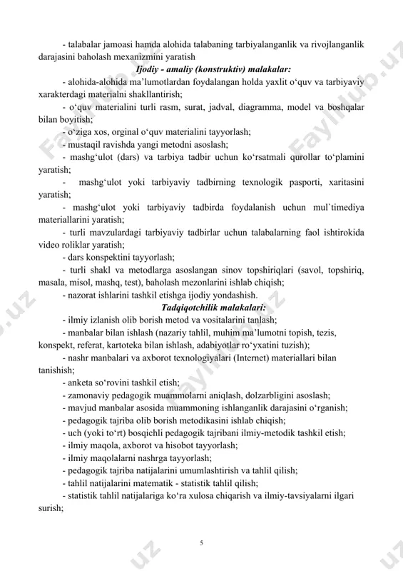lay olish; - sportchi va shug‘ullanuvchilar tomonidan o‘quv dasturi talablaridan kelib chiqqan holda materiallarni o‘zlashtirganlik natijalarini; - sportchi va shug‘ullanuvchilarning tarbiyalanganlik va rivojlanganlik darajasini aniqlay bilish; - sportchi va shug‘ullanuvchilarning bilishga bo‘lgan qiziqish, ehtiyoj va faolliklarini rivojlantirish bo‘yicha turli ko‘rinishdagi ishlarni olib borish; - mashg‘ulotdan tashqari sharoitlarda, kuni uzaytirilgan guruhlarda, to‘garak, klub yoki jamiyatlarda turli tarbiyaviy ishlarni olib borish; - sportchi va shug‘ullanuvchilar, ularning ota-onalari bilan individual ishlarni amalga oshirish; - sportchi va shug‘ullanuvchilarda sog‘lom turmush kechirishga bo‘lgan ehtiyojni shaxsiy va umumiy gigienaga amal qilish ko‘nikmalarini, birinchi tibbiy yordam ko‘rsatish malakalarini shakllantirish; - mashg‘ulot jarayonida turli ko‘rsatmali qurollar, zamonaviy texnik vositalar, axborot va ilg‘or pedagogik texnologiyalaridan foydalanish; - didaktik material va ko‘rsatmali qurollarni ishlab chiqish; - ota-onalarni pedagogik bilimlar asoslari, bolalarning asosiy yosh xususiyatlari, psixologik o‘ziga xosliklari, turli yosh bosqichlarida farzandlar bilan ota-onalar o‘rtasida kechadigan munosabatlar mohiyatidan xabardor qilish; - o‘z-o‘zini tahlil qilish, o‘z-o‘zini baholash va shaxsiy faoliyatda yo‘l qo‘yilgan …