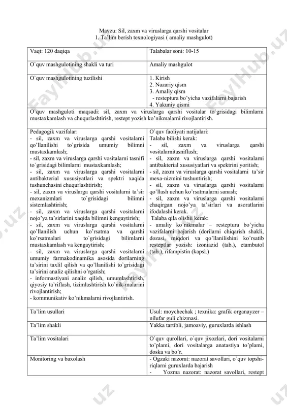 l-javob o’tkazadi va talabaning tayyorgarlik darajasini aniqlaydi. 2.2. talabalar tomonidan to’liq o’zlashtirilmagan savollarga tushuntirish beradi 2.3. talabalarni kichik guruxlarga bo’ladi. kichik guruxlarda echish uchun vaziyatli masalalar va ulardan kelib chiquvchi prezentastiyalarni bajarish topshirigini beradi. 2.4. prezentastiyalarni, ularni muxokamasini va guruxlarni chiqishlarini o’zaro baxolashni tashkillashtiradi. 2.5. mashgulot uchun rejalashtirilgan interaktiv o’yin “ moychechak“ ning sstenariysini aytib o’tadi. o’tkazilishini tash-killashtiradi. interaktiv o’yin asosida talabalarni bilim-larini faollashtiradi. xulosa qiladi. 2.6. grafik organayzerning – nilufar guli chizmasini tuzish qoidalarini va moxiyatini tushuntiradi. yakka tartibda topshiriq beradi: nilyufar guli chizmasini to’ldirish. bajarilgan topshiriqning jamoaviy muxokamasini tashkillashtiradi. 2.7. tarqatma materiallarni ko’rsatadi. 2.1. savollarga javob beradilar 2.2. tinglaydilar. 2.3. kichik guruxlarga bo’linadilar, guruxlarda vaziyatli masalalarni echadilar 2.4. guruxlar o’z echimlari bilan prezentastiyalarini taqdim etadilar, qolgan ishtrokchilar gurux taq-dimotini baxolaydilar, savollar beradilar, o’z fikrlarini bildiradilar. 2.5.tinglaydilar, aniqlash-tiradilar, topshiriqni bajaradilar, savollarni muxokama qiladilar. 2.6. tinglaydilar, aniqlash-tiradilar, grafik organay-zerni yakka tartibda to’ldiradilar. topshiriq-ning bajarilishini jamoa-viy muxokama qiladilar. 2.7. tarqatma materiallar-ni …