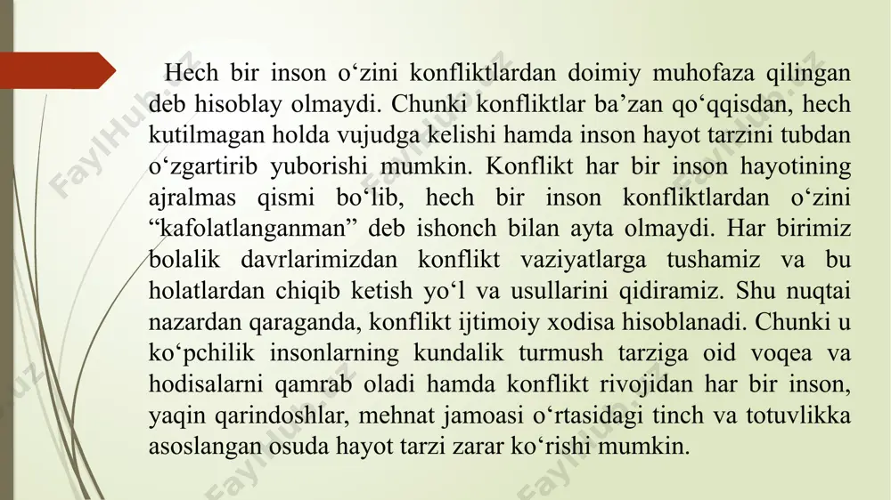 at, ehtiyoj va qadriyatlar bo‘lgan ziddiyatlar yotadi; bu kabi ziddiyatlar tomonlarning ochiqdan-ochiq kurashi, real qarama-qarshilikka o‘tib ketadi. konfliktda to‘qnashuvlarning kuch ishlatiladigan va kuch ishlatilmay digan shakllari mavjud. sotsial konflikt o‘z ichiga raqib faoliyatini to‘siq bo‘layotgan yoki boshqa odam(guruh)larga zarar yetkazayotgan individ yoki guruh faolligini oladi. pedagogik konflikt – ta’lim tizimida pedagogik konfliktlarni vujudga kelish sabablari va tabiatini o‘rganadigan, ularni bartaraf etish usullari va amaliy tavsiyalarni ishlab chiqadigan nazariy-amaliy yo‘nalish hisoblanadi. pedagogik konflikt ijtimoiy hayotdagi ko‘p uchraydigan holat hisoblanib, tabiiyki jamiyatning kuchli ijtimoiy munosabatlari to‘plangan bo‘laklari maktab, oliy va o‘rta maxsus ta’limda ko‘proq ko‘zga tashlanadi. ta’limda o‘z “men”ini qattiq hurmat qilishga odatlangan o‘quvchi yoki talabalar orasida konfliktli munosabatlarni bo‘lishi tabiiy hodisadir, lekin amaliy ko‘nikmalarga, kuchli tayyorgarlikka ega bo‘lmagan pedagog yoki rahbarlar ham konfliktli munosabatlarni vujudga kelishiga sharoit yaratib berishi mumkin. pedagogik konfliktni pedagogika va psixologiya fanlari bir-biri bilan uzviy holda o‘rganadi va hal qiladi. ularning har ikkisi, bitta umumiy jarayonni – …