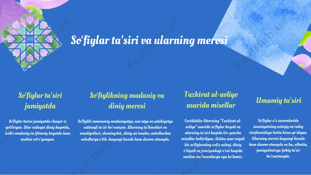 lash va daxlsizlik masalalari. - boshqalar bilan muomala qilishda mehr-shafqat va sabr-toqat. tazkirat ul-avliyo ning zamonaviy ahamiyati "tazkirat ul-avliyo" asari zamonaviy dunyoda axloqiy va falsafiy g'oyalarni o'rganish uchun muhim manba hisoblanadi. bu asar yosh avlodga ma'naviy qadriyatlarni, insoniyat tarixini va soʻfiylik falsafasini o'rgatishda katta ahamiyatga ega. asardagi buyuk so‘fiylar al-gazoliy, jaloliddin rumiy, abdulqodir gilani. 01 02 03 04 xulosa soʻfiylar tarixi qisqacha ko'rib chiqildi, ularning rivojlanish bosqichlari va diniy ahamiyati ta'kidlandi. tazkirat ul-avliyo asarida soʻfiylar tarixi muhim o'rin egallaydi, bu asar orqali ularning ta'siri va merosi yoritilgan. farididdin attorning roli va asarning o'ziga xos xususiyatlari haqida ma'lumot berildi, bu asar soʻfiylikning madaniy va diniy jihatlarini o'z ichiga oladi. asardagi shaxslarning diniy va ma'rifiy roli, ularning merosi va zamonaviy fan va madaniyatga ta'siri ko'rsatilgan. e'tiboringiz uchun rahmat! image1.png image2.png image3.png image4.png image5.png image6.png image7.png image8.png image9.png image12.png image16.jpg image10.png image17.jpg image14.png image11.png image13.png image18.jpg image15.png image19.jpg image20.jpg image21.jpg