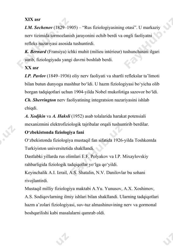 ishni boshqa qismlarga tarqatish. labilitet – ma’lum vaqt ichida qayta-qayta qoʻzgʻalish qobiliyati. qisqaruvchanlik – mushak tolalariga xos xususiyat bo‘lib, qoʻzgalishga javoban mexanik ish bajaradi. 2. bioelektrik hodisalarni kashf etish tarixi xviii asrda l. galvani o‘zining tajribalarida qurbaqa oyoqlari mushaklarining elektr ta’sirida qisqarishini kuzatdi va bu hodisani “hayvon elektri” deb atadi. keyinchalik a. volta elektr toki bilan mushaklarni qoʻzgʻatish mumkinligini ko‘rsatdi. xix–xx asrlarda e. dubua-reymon, yu. bernshteyn, a. xodjkin va a. haksli bioelektrik hodisalar mexanizmlarini aniqlab berdilar. 3. tinchlik potensiali qoʻzgʻaluvchan hujayralarning membranasi tashqi va ichki qismlari o‘rtasida elektr potensial farqiga ega. bu holat tinchlik potensiali deb ataladi. asab va mushak hujayralarida tinchlik potensiali odatda –60 dan –90 mv gacha bo‘ladi. bu potensial na⁺ va k⁺ ionlarining notekis taqsimlanishi hamda na⁺/k⁺ nasosi faoliyati tufayli yuzaga keladi. 4. harakat potensiali tashqi ta’sir yetarli kuchda bo‘lganda membrana qoʻzgaladi va harakat potensiali yuzaga keladi. u bir necha fazadan iborat: 1. depolyarizatsiya – na⁺ kanallari …
