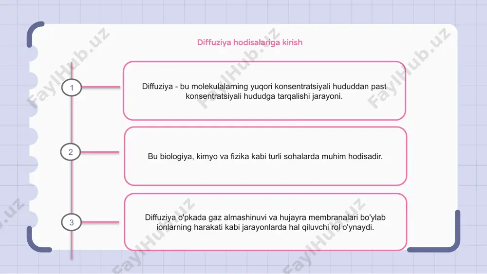 ori konsentratsiyali hududdan past konsentratsiyali hududga harakatlanishini anglatadi. bu jarayon turli xil biologik jarayonlarda, masalan, hujayra membranalari orqali ozuqa moddalari va chiqindilarni tashishda hal qiluvchi rol o'ynaydi. bunga qo'shimcha ravishda, diffuziya signal molekulalarini taqsimlashda va nafas olish tizimidagi gazlar almashinuvida ham ishtirok etadi. e'tiboringiz uchun rahmat