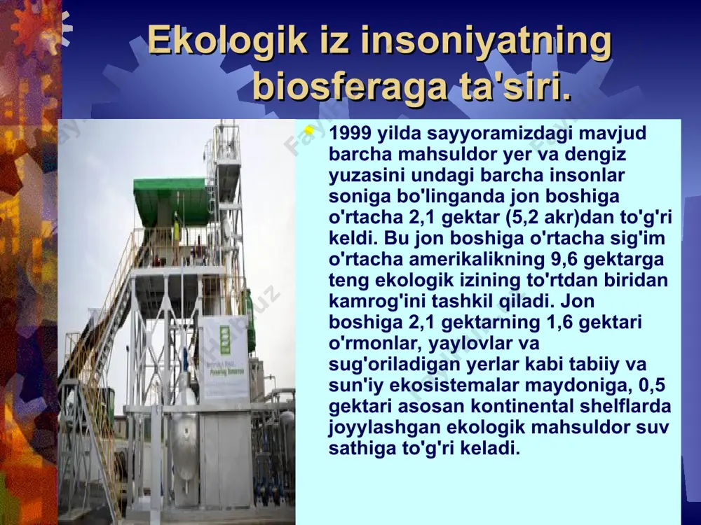 bugungi kunda bir necha chaqirimgacha kengayib borayotgan chiqindi uyumlari insoniyatni o‘ylanishga majbur etayotir. vaziyatdan chiqib ketishning yo‘llari bormikan? mahsulotlarni ehtiyojdan ortiq ishlab chiqarmaslik (ishlab chiqarish — atrof-muhitga zarar yetkazadi), parchalanishi oson, bezarar, tabiiy qadoqlardan foydalanish, chiqindini qayta ishlash sanoatini rivojlantirish hisobiga masalani yechish mumkin. hozirgi texnologiya­lar asosida yer ostida saqlanayotgan ro‘zg‘or chiqindilarini — qog‘ozning 40 foizini, qattiq buyumlarning 17 foizini, yelimning 8 foizini va oziq-ovqat qoldiqlarining 7 foizini qayta ishlash imkoniyati mavjud. biroq masala shu darajada jiddiyki, bugun bitta megapolis shahar yiliga insoniyatning barcha taraqqiyot bosqichidagidan-da ko‘proq chiqindi chiqarmoqda. eagle filters ltd eagle filters ltd ekologik izni qanday hisoblash mumkin? ekologik iz insoniyatning biosfеraga ta'sirini raqamlarda ifodalashga imkon bеradi, chunki biomahsuldor maydonlar insonning xo'jalik faoliyati tufayli butunlay egallab olingan. bunda inson foydalanayotgan ekologik xizmatlar tеrmodinamik va ekologik tamoyillar asosida kеtma-kеt qo'shib aniqlanadi. masalan, u ekologik funksiyalarning ekologik o'zaro ta'sirlarini oziq-ovqat yеtishtirish yoki co2 ni ajratish kabi alohida tabiiy funksiyalarni birgalikda …