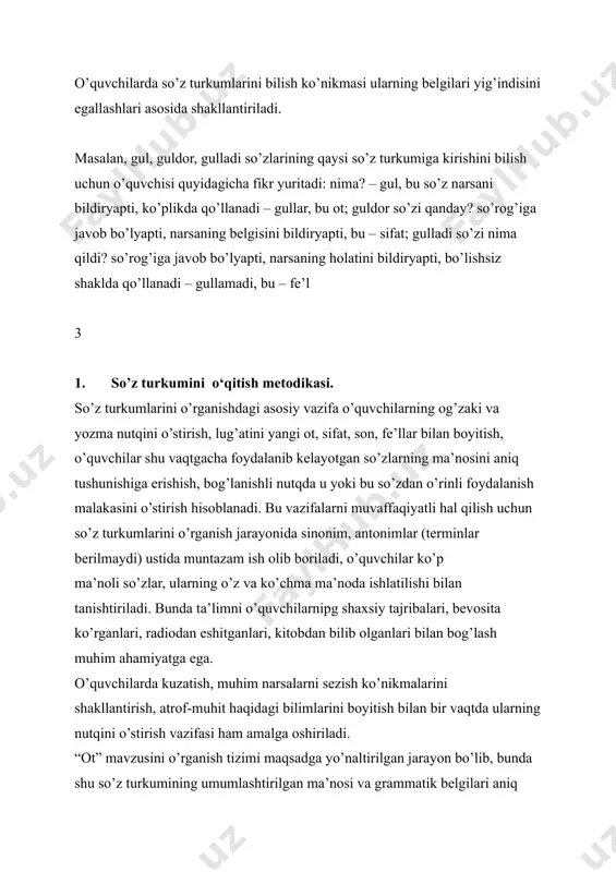 olgan holda, har bir sinf uchun material hajmi, ularni o’rganish izchilligi belgilangan. 1) “ot” haqidagi grammatik tushunchani shakllantirish; 2) kim? so’rog’iga javob bo’lgan (shaxs bildirgan) otlardan nima? so’rog’iga javob bo’lgan (narsa, hayvon, jonivor va boshqalarni bildirgan) otlarni farqlash ko’nikmasini hosil qilish; 3) kishilarning familiyasi, ismi, otasining ismi, hayvonlarga qo’yilgan nomlar va geografik nomlarni bosh harf bilan yozish ko’nikmasini shakllantirish; 4) otlarda son (otning birlik va ko’plikda qo’llanishi) bilan tanishtirish; 5) otlarni egalik qo’shimchalari bilan to’g’ri qo’llash ko’nikmasini shakllantirish; 6) otlarning kelishiklar bilan turlanishi va kelishik qo’shimchalarining yozilishi haqida malaka hosil qilish; 7) o’quvchilar lug’atini yangi otlar bilan boyitish va ulardan nutqda aniq, o’rinli foydalanish malakasini o’stirish; 8) so’zlarni tahlil qilish, taqqoslash, umumlashtirishni bilish. bu vazifalarning har biri alohida emas, balki bir-biri bilan o’zaro bog’liq holda hal etiladi. shu bilan birga, “ot” mavzusini o’rganishning muayyan bosqichida bajarish lozim bo’lgan bir vazifani hal qilishga ko’proq ahamiyat beriladi. o’quvchilarning nutqi va tafakkurini o’stirish …
