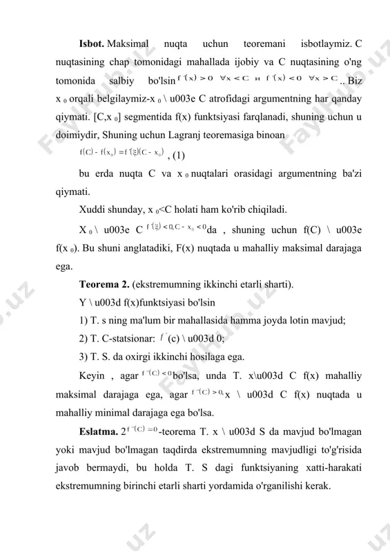 ng chap va o'ng tomonida bir xil belgiga ega bo'lsa, u holda c nuqtada ekstremum yo'q. eslatma. talab 2) c nuqtada funktsiyaning uzluksizligi muhim ahamiyatga ega, chunki bu talabning yo'qligi funktsiyalarga olib kelishi mumkin (rasmga qarang). 1) t. s. da ekstremum yo'q. shakl:1. misol. funktsiyaning ekstremal nuqtalarini toping . shakl:2 bu funksiya butun cheksiz to'g'ri chiziqda uzluksiz (rasmga qarang).2), x \ u003d 0 nuqtadan tashqari, bu to'g'ri chiziqda hamma joyda farqlanadi. funktsiyaning hosilasi . x \ u003d 0 nuqtada, bu lotin 2-turdagi tanaffusga ega. qachon va qachon, shuning uchun teorema tufayli x \ u003d 0 nuqtada funktsiya minimal darajaga ega. eslatma. biz ekstremum nuqtalarini topishning umumiy sxemasini tuzamiz. f(x) funktsiyasi bo'lsin. 1) x to'plamida uzluksiz; 2) lotin hamma joyda x ichida mavjud va doimiydir, ehtimol cheklangan sonli nuqtalardan tashqari; 3) lotin faqat x ichida 0 ga aylansin, ehtimol cheklangan sonli nuqtalar uchun. x 1,x 2, orqali belgilang...x n lotin mavjud …