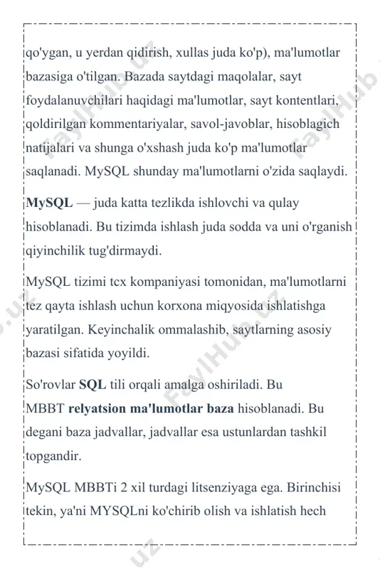 ochiq, yani tekin dasturiy taʼminot boʻlib, general public license himoyasidadir. mysql ab/sun firmasi dastur kodiga mualliflik huquqiga egaligi sababli, ushbu dasturiy taʼminotning kommerzial turi ham bor.mysql nomining kelib chiqishi aniq emas. 1996-yildan beri koʻplab biblioteka va tool (vosita)lar nomi oldida my prefiksi qoʻyila boshlangan. baʼzi maʼlumotlarga koʻra esa firmani tashkil qilganlardan biri hisoblanuvchi monty wideniusning qizi ismidan va sql, yaʼni structured query language (strukturaviy soʻrovlar tili) birikmasidan tashkil topgan. unix, macos x va linixdan tashqari, mysql windows, os/2 va i5/os (avvalgi os/400) uchun ham moslashtirilgan.windows uchun esa baʼzida ayrim cheklanishlar uchraydi. mysql koʻpincha web-servis uchun maʼlumotlarni saqlashda qoʻllaniladi, webserver apache va php bilan birgalikda ishlatiladi. mysql hozirda 6.000.000 dan ortiq foydalanuvchilar va kuniga 35.000 dan ortiq download qilinadigan dunyonig eng mashhur maʼlumotlarni boshqarish sistemasidir. mysql ga kirish mysql nima ? mysql ga kirish va uning turlari mysql — bu eng mashhur va juda ko'p foydalaniladigan ma'lumotlar bazasini boshqarish tizimi(mbbt) hisoblanadi. …