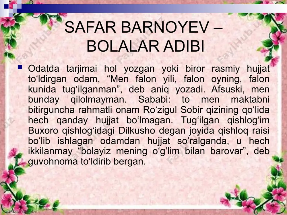 rinchi she’ri “lager qo‘ynida” nomi bilan “tong yulduzi ” gazetasida 1959 yilda e’lon qilinishi bo‘ldi. shundan so‘ng shoir mashhur olimlar-u, shoir-ulamolar davrasida bo‘lishga imkon yaralgandek bo‘ladi. safar barnoyevning ijodiy kamoloti o‘tgan asrning 70-yillarida to‘g‘ri keladi. uning birinchi she’riy to‘plami 1970 yilda “tog‘lardaman” nomi bilan chop etiladi. bu davrda shoirning ilk she’riy to‘plami haqidagi taqrizlar respublika gazetalarida e’lon qilina boshlandi. tez orada ilk kitob o‘zining munosib muxlislarini topib, qo‘lma-qo‘l bo‘lib ketdi. adib yozuvchilar uyushmasida ishlab yurgan kezlarida ijodiy faoliyati gullab yashnaydi. uning yangidan-yangi mashqlari muntazam ravishda matbuotda e’lon qilinib turildi. gazeta va jurnallarda uyushtiriladigan barcha tadbirlarga faol ishtirok etadi va bu xizmatlari natijasida o‘zbek ijodkorlarining qo‘llab-quvvatlashiga sazovor bo‘ladi. ana shunday obro‘-e’tibor, olqish-u-maqtovlar, adibga ruxan madad berib, ijod olamiga dadil kirib borishiga turtki bo‘ldi, desak, mubolag‘a bo‘lmaydi. chunki inson odamlar to‘dasidan ajralmagan holda ma’lum muhit ta’sirida ulg‘ayar ekan, uning kamolotga erishishi uchun zarur bo‘lgan omillar mavjud. bu - faoliyat jarayonida to‘g‘ri ta’lim-tarbiya …