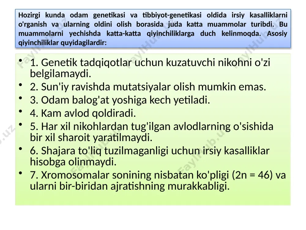 iga ochiladi. aylanasimon tasvirlar ilmoqsimonga nisbatan kamroq uchraydi (34%). 1 -yoysimon; 2 - ilmoqsimon; 3 - ilmoqsimondan aylanasimonga o 'tish; 4-qo 'sh ilmoq. triradiusni hosil qiluvchi chiziqlar yo'g'onroq qilib ko'rsatilgan. barmoqlar terisidagi tasvirlaming hosil bo'lishini maxsus genlar boshqarib turadi. yoysimon tasvir (a) e (17-18) guruhga kiruvchi xromosomadagi genlar, ilmoqsimon tasvir (l) g (21) guruhga kiruvchi xromosomadagi genlar, aylanasimon tasvir (w) d (13, 15) guruhga kiruvchi xromosomadagi genlar orqali yuzaga chiqadi deyiladi. x-xromosomada esa bu genlarning modifikatori joylashgan bo'lib, u yoysimon tasviming ko'proq hosil bo'lishini ta'minlaydi. irsiy kasalliklari bo'lgan kishilarda ko'p uchraydigan dermatoglifik belgilar quyidagilardir: 1) barmoq uchlaridagi tasvirlardan (yoysimon, ilmoqsimon, aylanasimon) birining uchrashi ko'payadi; 2) barmoq uchlaridagi teridan bo'rtib chiqqan chiziqchalarning soni normadagisidan oshib yoki kamayib ketadi; 3) kaftdagi asosiy triradiusning joylashishi o'zgaradi; 4) barmoq uchida triradius bo'lmaydi; 5) kaftda to'rt barmoqli ko'ndalang egiluvchan burma paydo bo'ladi 1 - patau sindromi; 2 - daun sindromi; 3 - shershevskiy-terner sindromi; 4 …