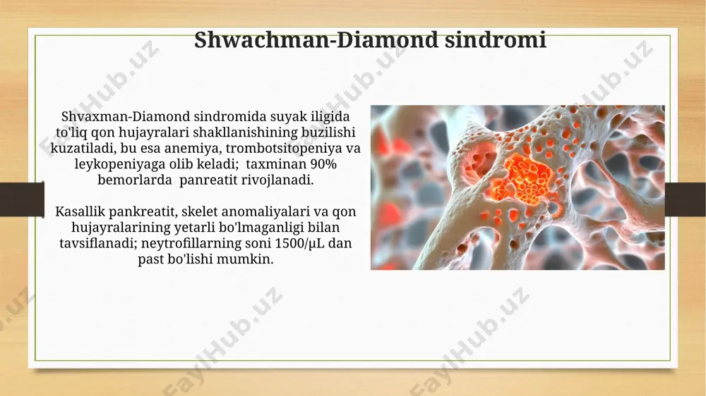 ishini va ko'payishini buzadi. kasallikning klinik ko'rinishi anemiya, trombotsitopeniya va leykopeniya kabi qon tarkibi buzilishlarini o'z ichiga oladi, va taxminan 80% hollarda buyrak disfunktsiyasi bilan birga keladi. suyak ko'mig'i displaziyasi suyak ko'mig'i displaziyasi turli xil gen mutatsiyalari natijasida yuzaga keladi, taxminan 150 dan ortiq genlar bu kasallik bilan bog'liq bo'lishi mumkin. suyak ko'mig'i displaziyasining diagnostikasi periferik qon tekshiruvi, suyak ko'migi biopsiyasi va genetik tahlillar orqali amalga oshiriladi, bu esa aniq tashxis qo'yish va davolash usullarini tanlashga yordam beradi. suyak ko'mig'i gipoplaziyasi gipoplaziya darajasi o'zgaruvchan bo'lib, kamdan-kam hollarda to'liq aplaziyaga (ko'mik to'qimasining butunlay yo'qligi) o'tishi mumkin va bu bemorlarning prognozini sezilarli darajada yomonlashtiradi. suyak ko'mig'i gipoplaziyasi, qon hujayralarining kam hosil bo'lishini o'z ichiga olgan, tug'ma kasallik bo'lib, taxminan 100 000 tug'ilishda 1 holatda uchraydi va og'ir anemiya, infektsiyalar va qon ketishlarga olib kelishi mumkin. suyak ko'mig'i shakllanishining tug'ma kasalliklari haqida umumiy ma'lumot suyak ko'mig'i shakllanishining tug'ma nuqsonlari 100 dan ortiq turli …