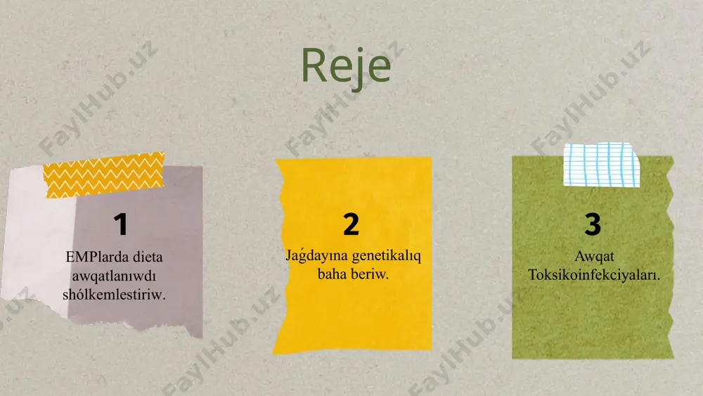 rdıń genetikalıq sisteması ayırım azıqlıq zatlardı jaqsı qabıl etiw yamasa olardan qashıw qábiletine iye. sonday-aq, emplarda genetikalıq faktorlarǵa qarap, awqatlanıw sistemasın individual túrde beyimlestiriw kerek. mısalı, ayırım adamlar jeńil azıqlıq zatlardı jaqsı sińiredi, basqaları bolsa qattı, maylı awqatlardı jaqsı qabıl etpeydi. genetikalıq analizler arqalı bulardı anıqlaw hám sáykes dieta rejelerin islep shıǵıw múmkin. awqat toksikoinfekciyaları. awqat toksikoinfekciyaları emplarda júdá keń tarqalǵan hám bul densawlıqtı saqlawda úlken qáwip tuwdıradı. olar tiykarınan infekciyalıq mikroorganizmler tárepinen keltirip shıǵarıladı hám organizmniń immun sistemasına zıyan jetkeriwi múmkin. emplarda bul infekciyalar organizmniń genetikalıq ózgerislerine sebep bolıp, keyin ala uzaq dawamlı keselliklerge alıp keliwi múmkin. genetikalıq analizler arqalı toksikoinfekciyalardı anıqlaw hám olarǵa qarsı gúresiw usılların islep shıǵıw imkaniyatı bar. toksikoinfekciyalarǵa qarsı immun sistemasın aktivlestiriwde awqatlanıwdıń áhmiyeti úlken. emplarda durıs dieta awqatlanıwdı shólkemlestiriw arqalı toksikoinfekciyalardı kemeyttiriw hám organizmniń genetikalıq jaǵdayın jaqsılaw múmkin. emplarda dieta awqatlanıwdı shólkemlestiriw, jaǵdayın genetikalıq bahalaw hám awqat toksikoinfekciyalarınıń aldın alıw densawlıqtı saqlawdıń ajıralmas bólimine …