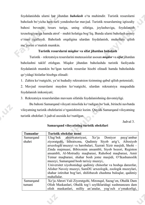 xo‘jabtol ota, miqqilloq tosh, teshiktosh, qaynar, shirvog‘ota ziyoratgoh va dam olish maskanlari, «toshqo‘y» tabiiy haykali, bug‘jamatosh, toshkelinchak, go‘rimor tabiiy tosh shakllari, lev, qaynarbuloq, rohatbuloq buloqlari, omonqo‘ton dam olish maskanlari, eski davon yo‘llari, taxti qorachabegim saroyi harobolari va b. bulung‘ur tumani qadimiy tuyatortar kanali, fozil yo‘ldosh o‘g‘li uy muzeyi, xalq etnografik folklor ansambllari, mahalliy hunarmandchilik va b. jomboy tumani xolvoyi qishlog‘idagi qadimiy chinorlar, zarafshon daryosi va uning oqdaryo va qoradaryoga ajralishi, zarafshon qo‘riqxonasi, xalq milliy an’analari va urf-odatlari. ishtixon tumani qoradaryo sohillari, shayxlar qo‘rg‘oni xalq milliy san’ati, milliy an’analar, urf-odatlar va b. kattaqo‘rg‘on tumani kattaqo‘rg‘on suv ombori, andoqiy ziyoratgohi va bulog‘i, «cho‘kkan tuya» shaklidagi tabiiy yodgorliklar va milliy an’analar. narpay tumani qo‘chqorli ota ziyoratgohi, qo‘tirbuloq dam olish maskani, shifobaxsh bulog‘i va avliyo baliqlari, qo‘shtepa ikkita tabiiy tosh tepalik va milliy an’analar. nurobod tumani xazrati dovud ziyoratgohi va g‘ori, tim qishlog‘idagi qadimiy archalar, qarnobcho‘l ekolandshaftlari, xalq hunarmandchiligi, jumladan jun yigirish, gilam to‘qish, …