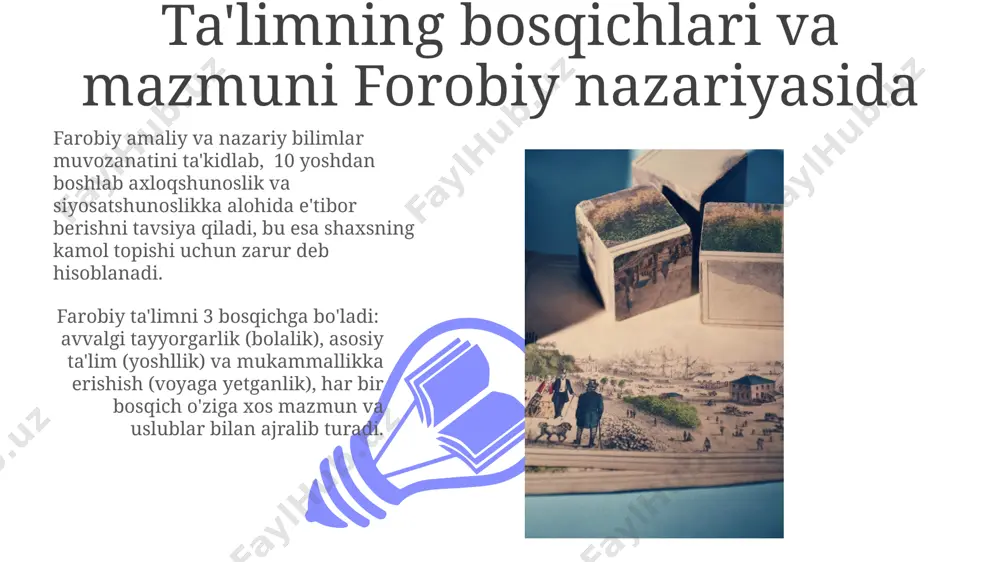 shgacha bolalar hissiy tarbiya, keyin esa aql va bilim asosida tarbiyalanishi kerak, bu jarayon insonning kamol topishiga xizmat qiladi. forobiy merosining o'rganilishi va rivojlanishi форубий педагогикасининг ривожланишини ўрганишда 3 та асосий давр ажратилади: шахсий тажриба, мактаб даври ва мероснинг кейинги тадқиқотлари. форубий меросини ўрганишда 10 дан ортиқ муҳим манбалар аниқланган бўлиб, уларнинг 5 таси асосий илмий асарларни ўз ичига олади. forobiyning diniy tarbiya tushunchasi 01 02 форубийнинг диний тарбия концепциясида 3 та асосий босқич – болалик, ўсмирлик ва камолот даврларини ажратиб кўрсатилади, ҳар бирига мос тарбиявий усулларни тавсия қилади. sales 1st qtr 2nd qtr 100 0 sales 1st qtr 2nd qtr 100 0 e'tiboringiz uchun rahmat @taqdimot_robot image4.jpg image5.jpg image6.jpg image7.jpg image8.jpg image9.jpg image10.jpg image11.jpg image12.jpg image13.jpg image14.jpg image15.jpg image1.jpeg image2.jpeg image3.jpeg