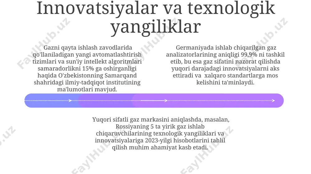 allonlarining ishlab chiqarilish yili, 5 yildan oshmaganligi va ishlab chiqaruvchining rossiya yoki germaniya kabi ishonchli mamlakatlardan ekanligi mahsulot sifatining kafolati hisoblanadi. kelajakdagi istiqbollar kelajakda, 2030-yilga borib, o'zbekistondagi tabiiy gaz ishlab chiqarish hajmi 70 milliard kub metrga yetishi va eksport imkoniyatlarini 2 baravar oshirishi kutilmoqda. yangi texnologiyalar, jumladan, gazni qayta ishlashning zamonaviy usullari va 3d modellashtirish, 2028-yilga kelib o'zbekistonda gaz qazib olish samaradorligini 10% ga oshirishga yordam beradi. markaziy osiyo mintaqasida, xususan qozog'iston va turkmaniston bilan gaz quvurlari orqali energiya almashinuvi 2025-yilga kelib 15% ga oshishi prognoz qilinmoqda. xavfsizlik standartlari va sertifikatlari add text add text add text add text add text add text gazning tarkibini va xavfsizlik ko'rsatkichlarini aniqlash uchun aqshning astm international tashkiloti tomonidan ishlab chiqilgan 12 ta standartga muvofiqligi tekshiriladi. yevropa ittifoqining 2014/68/еu direktivasi talablariga javob beradigan, bosim ostidagi idishlar va quvurlar uchun xavfsizlik sertifikatlari mavjudligi gazning ishonchliligi va xavfsizligini ta'minlaydi. iso 9001 xalqaro sifat menejmenti tizimi standartiga …