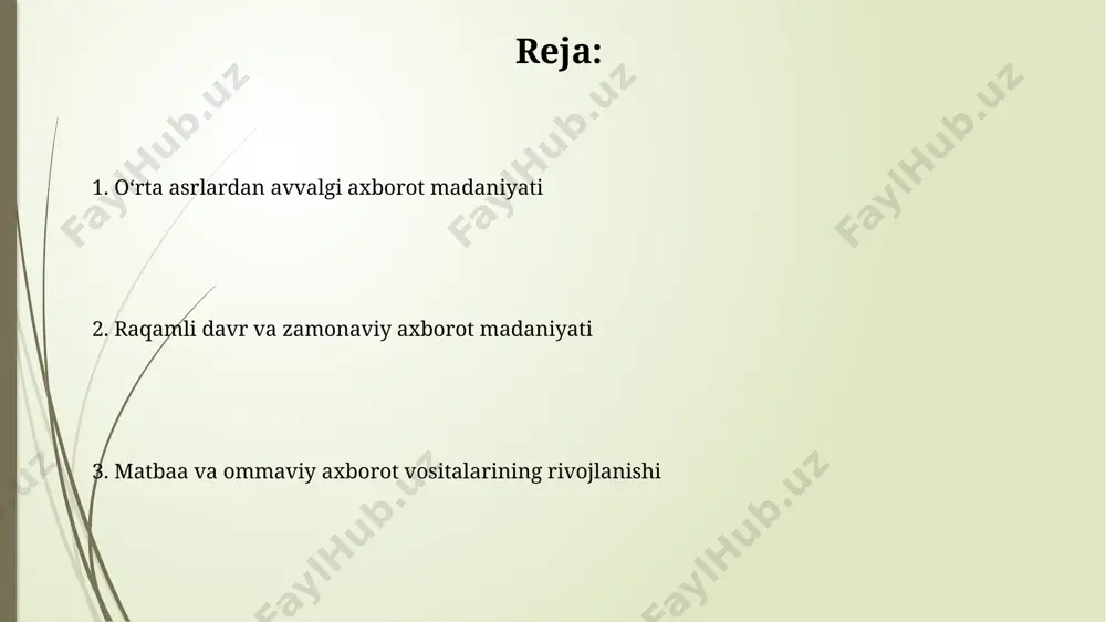 l, musiqa va raqs kabi vositalar orqali 30 dan ortiq turli xil maʼlumotlar, jumladan, ovchilik usullari va ijtimoiy qoidalar saqlanib qolgan. dastlabki inson jamoalari, taxminan 100 000 yil avval afrikada paydo boʻlib, ogʻzaki anʼanalar orqali bilim va tajribalarni avloddan-avlodga uzatishgan. kelajakdagi media va axborot madaniyati kelajakdagi media madaniyati, 2030 yilga kelib, sun'iy intellekt yordamida shakllantiriladigan 3d-ga asoslangan interaktiv kontentlarning 70% dan ortiq qismini o'z ichiga oladi, bu esa global miqyosda yangi interfaol platformalarning paydo bo'lishiga olib keladi. o'zbekiston kabi rivojlanayotgan mamlakatlarda 2040 yilga kelib axborot madaniyatining rivojlanishi 5g tarmoqlari va keng polosali internetning 95% ga yaqin qamroviga bog'liq bo'ladi, bu esa raqamli tengsizlikni kamaytirishga yordam beradi. mobil aloqa vositalari va smartfonlar 2007-yilda apple kompaniyasi tomonidan ishlab chiqarilgan iphone, 10 million dona savdosiga erishgan birinchi smartfon bo'lib, bu texnologiya dunyosida yangi davrning boshlanishini belgiladi va dunyo bo'ylab mobil aloqa madaniyatini o'zgartirdi. smartfonlarning tez rivojlanishi natijasida 2023-yil holatiga ko'ra dunyo bo'ylab 6 …