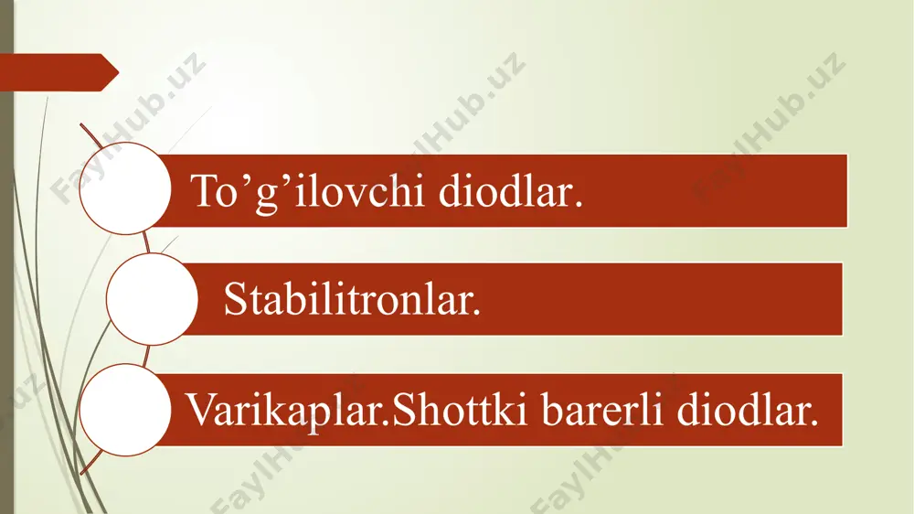 yuqori tezkorligi. ularga to’g’ri siljitish berilganda elektronlarning metallga injeksiyasi yuz berishi va u yerda 10-12† 10-13sek davomida ortiqcha energiyasini sochishi hamda termodinamik muvozanat holatga o’tishlari hisobiga yuzaga keladi. shottki diodlarini hosil qilishda yarim-o’tkazgich sifatida n – krem-niydan, metall sifatida esa – al, au, mo va boshqalardan foydalaniladi. bunday diodlarda diffuziya sig’imi nolga teng, barer sig’imi esa 1 pf dan ortmaydi. e’tiboringiz uchun rahmat image1.jpeg image2.png image3.png image4.png image5.png /docprops/thumbnail.jpeg