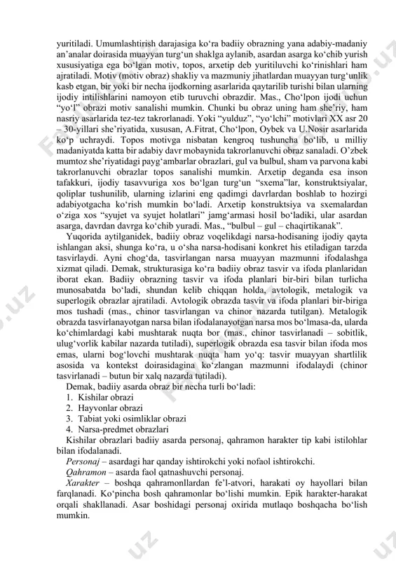 tafakkur yuksak darajada assotsiativ sanalishiga sabab shuki, reallikda ko‘rilgan bir narsa san’atkor xayolida butunlay boshqa bir narsani, u bilan mutlaqo aloqasi bo‘lmagan narsani uyg‘otishi mumkin. shu bois ham san’atkor yuqoridagicha o‘xshashliklarni topadi va b.o.da aks etiradiki, natijada obraz yuksak darajadagi assotsiativlik kasb etadi, shu asosda u ko‘p ma’nolilik xususiyatiga ega bo‘ladi. buni, ayniqsa, assotsiativlik darajasi yuqori bo‘lgan ramziy obrazlar misolida yaqqol ko‘rishimiz mumkin. mas., oybekning “na’matak” she’ridagi tabiat manzarasini badiiy obraz deb olsak, tabiiyki, uning birinchi ma’nosi tabiat manzarasining o‘zi. holbuki, o‘z vaqtida shoir assotsiativ ravishda shu manzarada istibdod tuzumi sharoitidagi ijodkor taqdirini ko‘rgan va shu ma’noni ifodalagan. shu bilan birga, obrazning ma’no ko‘lami shular bilangina cheklanmaydi: o‘quvchi o‘z hayotiy tajribasi, she’rni o‘qish paytidagi ruhiy holati bilan bog‘liq ravishda unda tamom boshqa mazmunni, o‘z mazmunini ham topishi mumkin. ko‘p ma’nolilik nafaqat ramziy, balki tom ma’nodagi realistik obrazlarga ham xos, faqat bunda ko‘p ma’nolilikning yuzaga kelish mexanizmi o‘zgacha, u badiiy obrazning …