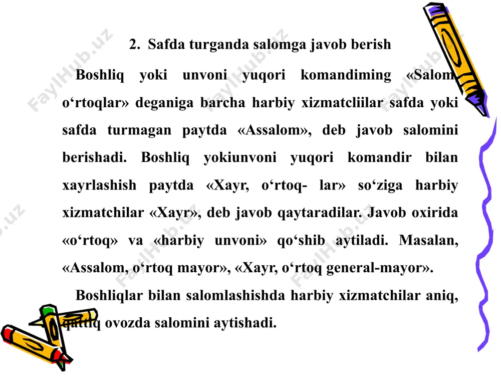 m tashla» komandasi berilganda esa, oddiy qadam bilan harakat qilinadi. dastlabki komanda berilganda — gavda sal oldinga chiqarilib, turg‘unlikni saqlagan holda turiladi, darrov bajariladigan ko-manda berilganda esa, harakatni chap oyoqdan to‘liq odim bilan boshlash kerak. shaxdam qadam bilan harakat qilinganda uchi oldinga cho‘zilgan oyoqni yerdan 15—20 sm ko‘tarish va uni tagini barovar bosish lozim. qo‘llarni yelkadan boshlab harakatlantirish — bunda qo‘llar oldinga silkiganda tirsakdan bukilib, kaft kengligida kamar to‘qa- sidan baland ko‘tarilislii va shuncha masofada gavdadan uzoq, tirsak esa, qo‘lning undan quyi qismi balandligida bo‘lishi, qo‘l, yelka bo‘g‘inidan iloji boricha orqaga silkinishi kerak. panjalar yarim bukilgan holatda bo‘lishi, boslrni to‘g‘ri tutish va to‘g‘ri oldinga qarash lozim. oddiy qadam bilan yurilganda, oyoq ucliini cho‘zmasdan erkin ko‘tarib bosish, qodlarni esa erkin harakatlantirish kerak. oddiy qadam bilan yurayotganda «rostlan» komandasi berilsa, shaxdam qadam tashlashga o‘tiladi. shaxdam qadam bilan yurilayotgan paytda «erkin» komandasi berilsa, oddiy qadam bilan yurishga o‘tiladi. «yugur» komandasi berilganda, yugurib harakat …