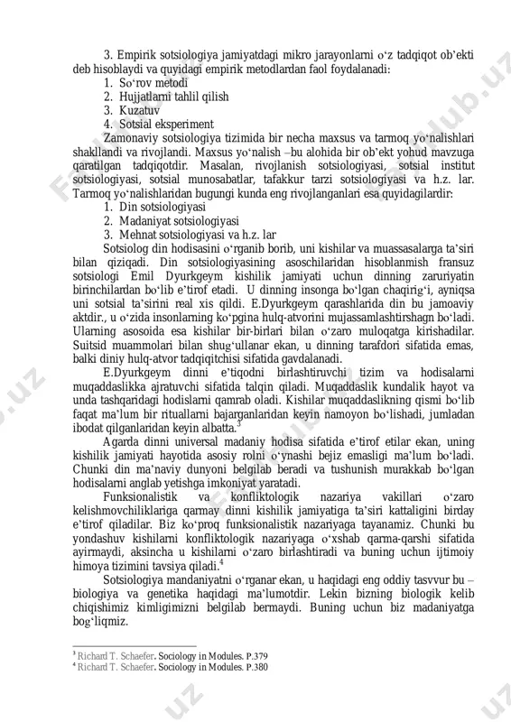 gidan shakllantirilgan bo‘lib, bunda gap miqdoriy va sifatiy sotsiologiya haqida boradi. demak, shunga muvofiq miqdoriy sotsiologiya insonni raqamlar yordamida o‘rganuvchi yo‘nalishdir. sifatiy sotsiologiya esa muammo tahlilini chuqurroq qamrab olishga intiladi. bunda chuqurlashtirilgan intervyu, fokus guruhlar, ishonchli manbalar tahlilidan keng tarzda foydalaniladi. miqdoriy va sifatiy sotsiologiya o‘rtasidagi farqni oddiy va jo‘n deb hisoblash bizni bir muncha chalg‘itib qo‘yishi mumkin. chunki har qanday fanda birinchi qadam nazariyalar rivoji va ishlab chiqilgan gipoteza asosida amalga oshiriladi. lekin ayrim kishilar ma’lumotlarni nazariy orientatsiyasiz amalga oshirishni boshlaydilar. ana shunda yuqoridagi ikki yo‘nalish bir-birlaridan farq qiladi. 2 ularning har biri o‘z davrida umumqamrovli universial sotsiologik nazariya bo‘lishga intildi. lekin ilm-fanni rivoji bir nazariyani boshqasi bilan almashib borishini taqazo etdi. 1 introduction to sociology. p.22 2 introduction to sociology. p.7 3. empirik sotsiologiya jamiyatdagi mikro jarayonlarni o‘z tadqiqot ob’ekti deb hisoblaydi va quyidagi empirik metodlardan faol foydalanadi: 1. so‘rov metodi 2. hujjatlarni tahlil qilish 3. kuzatuv 4. …
