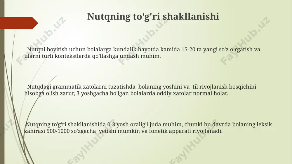 sezilarli darajada yaxshilaydi va ijtimoiy muvaffaqiyatga hissa qo'shadi. nutqni takomillashtirish bo'yicha tavsiyalar o'zingiz yoqtirgan mavzudagi 3-5 ta kitobni o'qing, undan keyin asosiy fikrlarni qisqacha bayon qilib, o'zingizning fikrlaringizni qo'shing - bu nutqingizni mantiqiy qurish ko'nikmalarini rivojlantiradi. har kuni turli xil odamlar bilan muloqot qilishga harakat qiling, kamida 5 ta yangi suhbatdosh bilan gaplashing, bu sizning nutqingizning moslashuvchanligini oshiradi. nutqni boyitish uchun har kuni kamida 15-20 daqiqa yangi so'zlar va iboralarni o'rganishga vaqt ajrating, lug'at boyligingizni 20% ga oshirishga harakat qiling. ko'nikmalarni mustahkamlash mashqlari takrorlash va taqlid qilish orqali, 5-10 ta yangi so'z va iboralarni o'rganib, ularni turli gap konstruksiyalarida qo'llash ko'nikmasini rivojlantirish mumkin. nutq tezligini oshirish uchun, matnni 2-3 marta tez o'qib, keyin sekinroq, aniq talaffuz qilish orqali artikulyatsiya aniqligini yaxshilashga erishish mumkin. ko'nikmalarni mustahkamlash uchun har kuni kamida 15-20 daqiqa vaqt ajratib, 3-5 ta turli xil mashqlarni bajarish tavsiya etiladi, bu nutq apparatining harakatlanuvchanligini oshiradi. e'tiboringiz uchun rahmat @taqdimot_robot